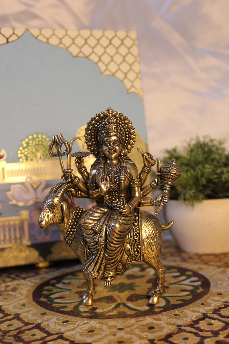 Handcrafted Brass Meldi Mata Seated on Goat with Decorative Base