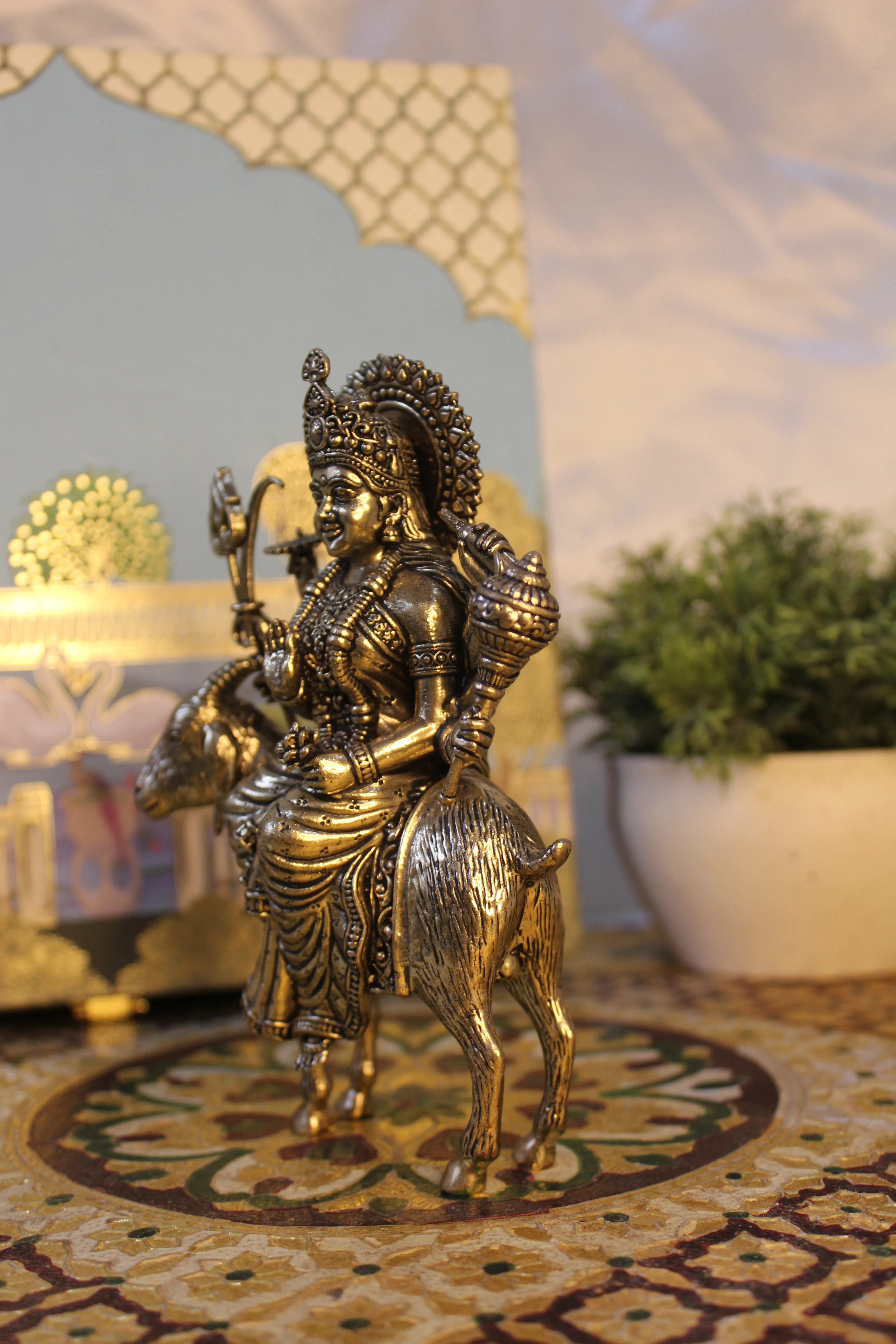 Handcrafted Brass Meldi Mata Seated on Goat