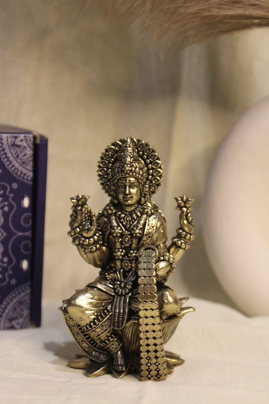 Brass Goddess Lakshmi Idol Seated on Lotus – 4 Inch | Divine Sculpture for Abundance & Auspiciousness