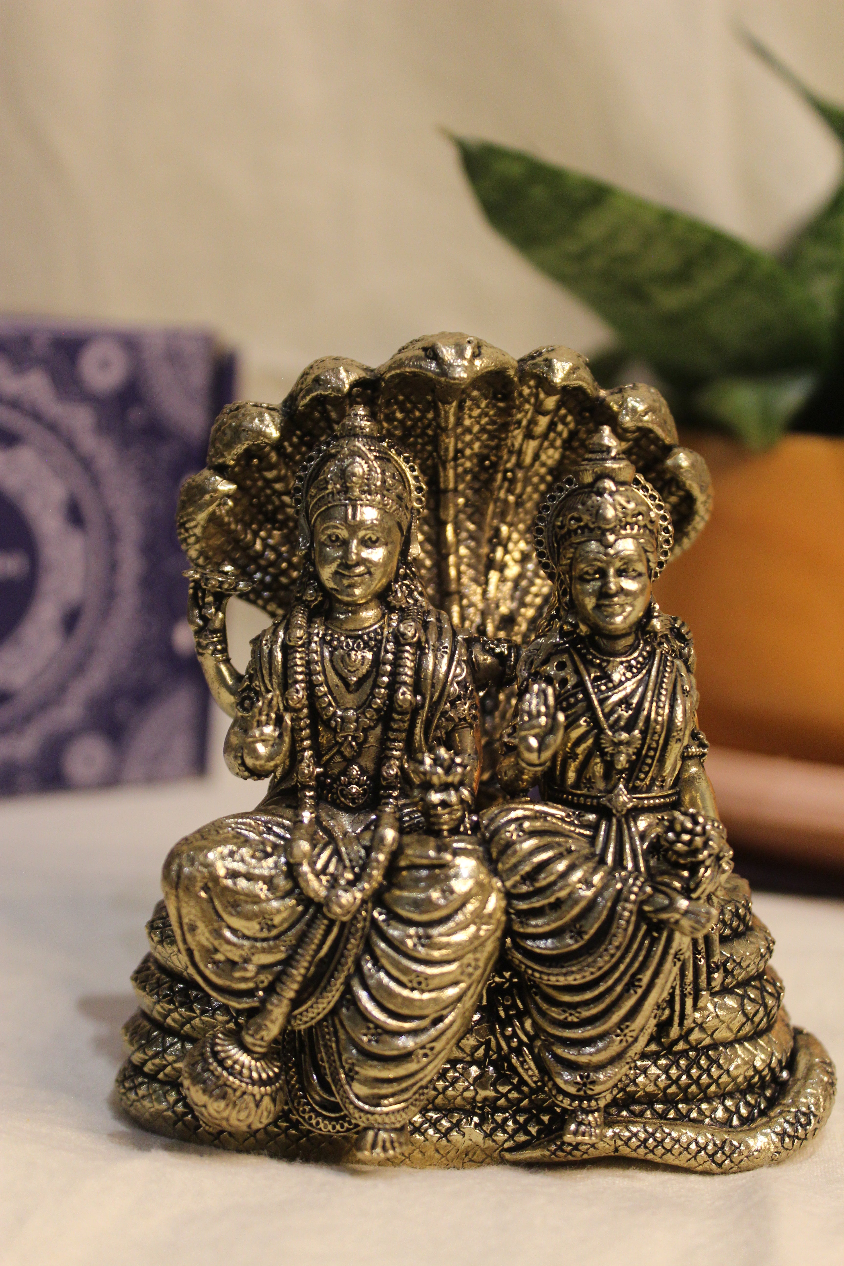 Vishnu Lakshmi on Sheshanag Throne | Divine Brass Idol of Cosmic Harmony & Prosperity