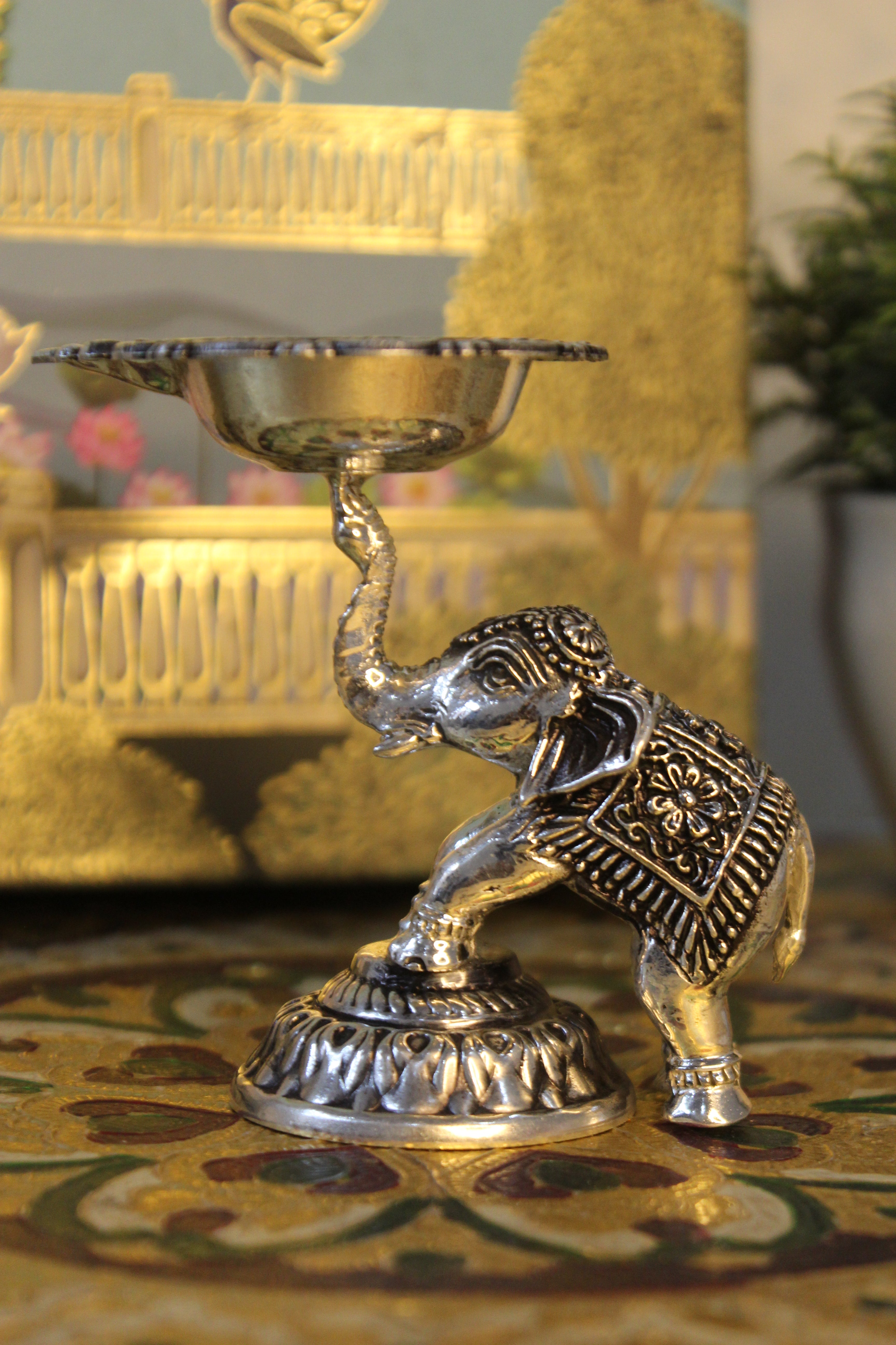 999 Silver-Plated Brass Elephant Trunk Diya | Decorative Pooja Oil Lamp