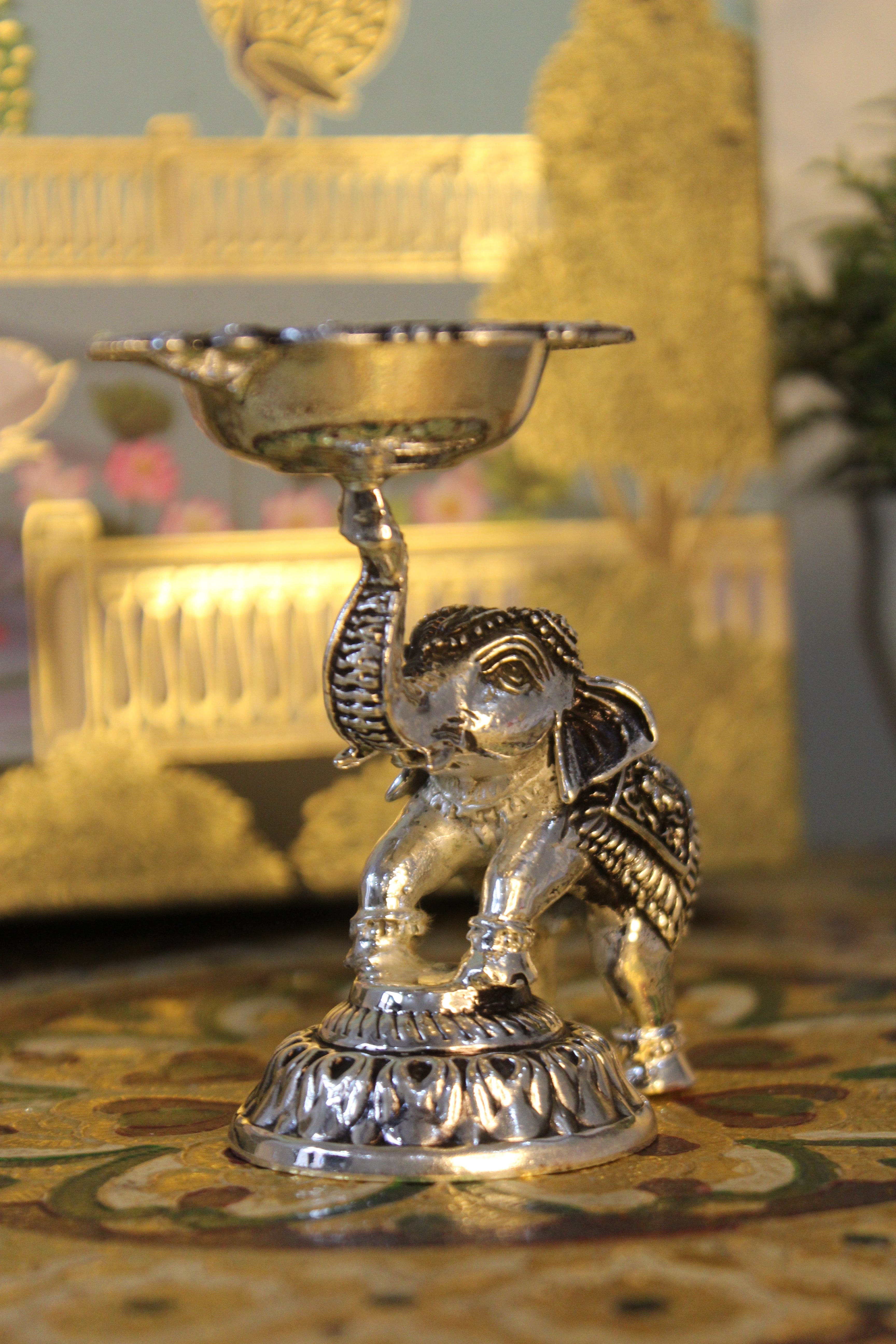 999 Silver-Plated Brass Elephant Trunk Diya | Decorative Pooja Oil Lamp