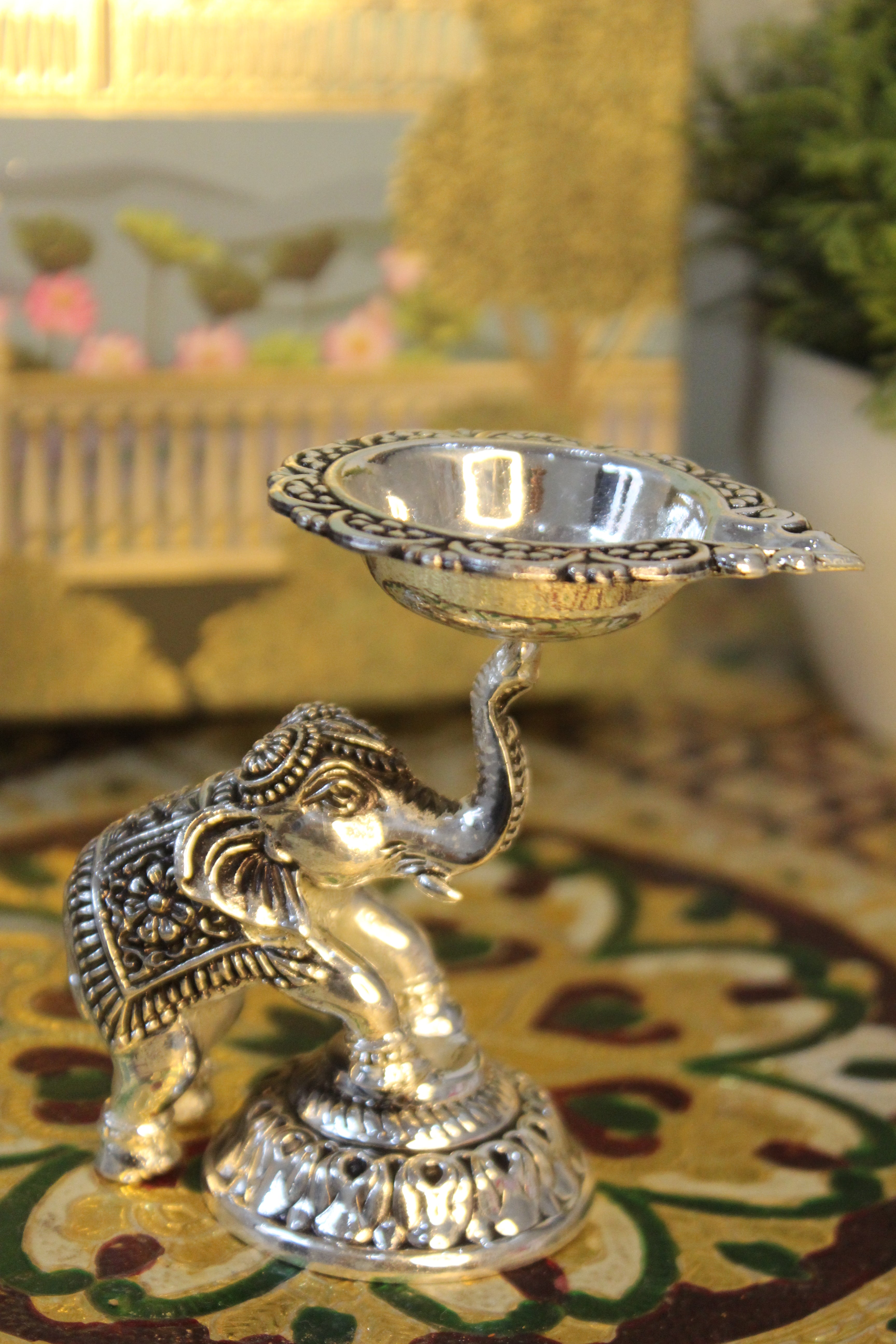 999 Silver-Plated Brass Elephant Trunk Diya | Decorative Pooja Oil Lamp