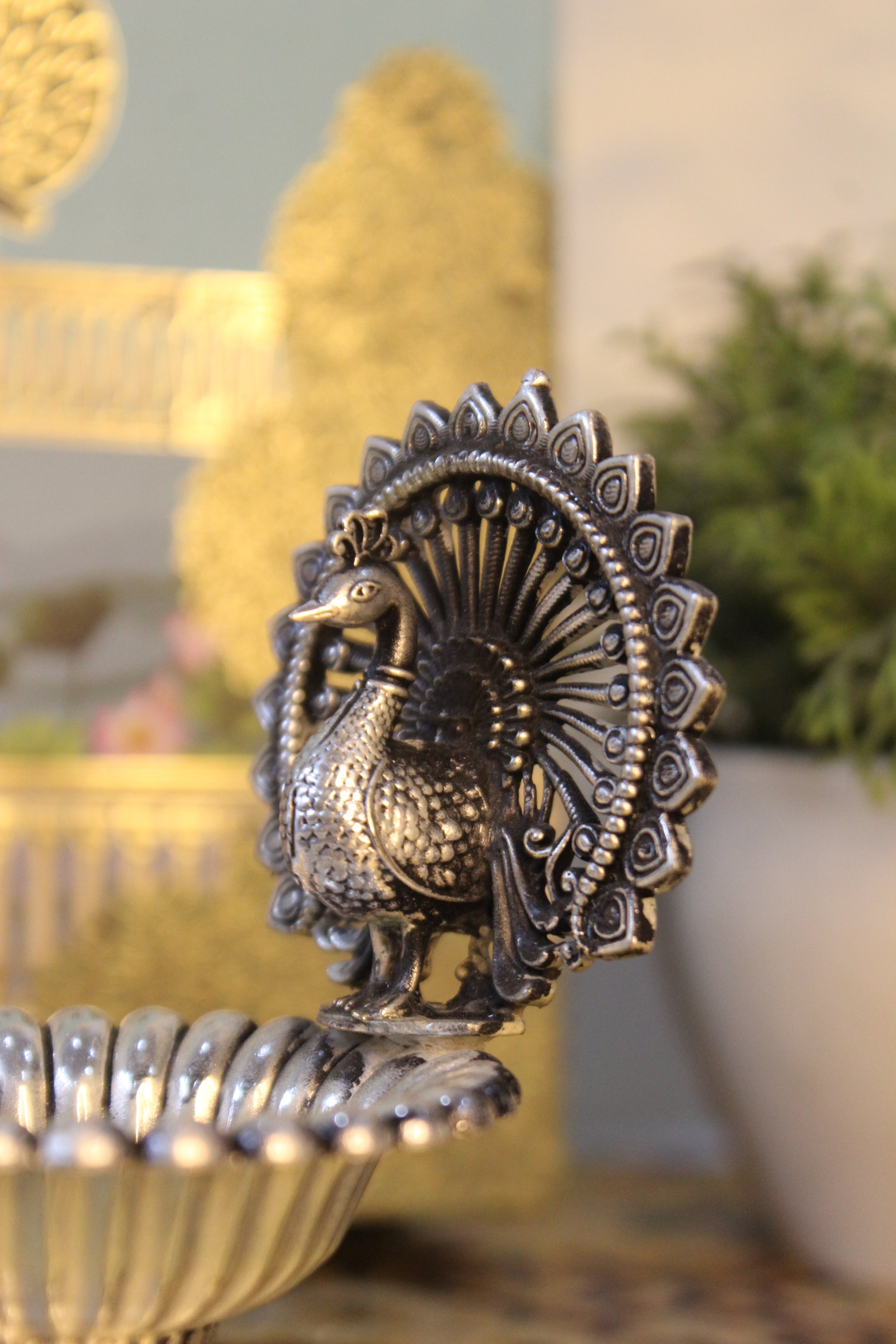 999 Silver-Polish Brass Peacock Diya | Decorative Pooja Oil Lamp