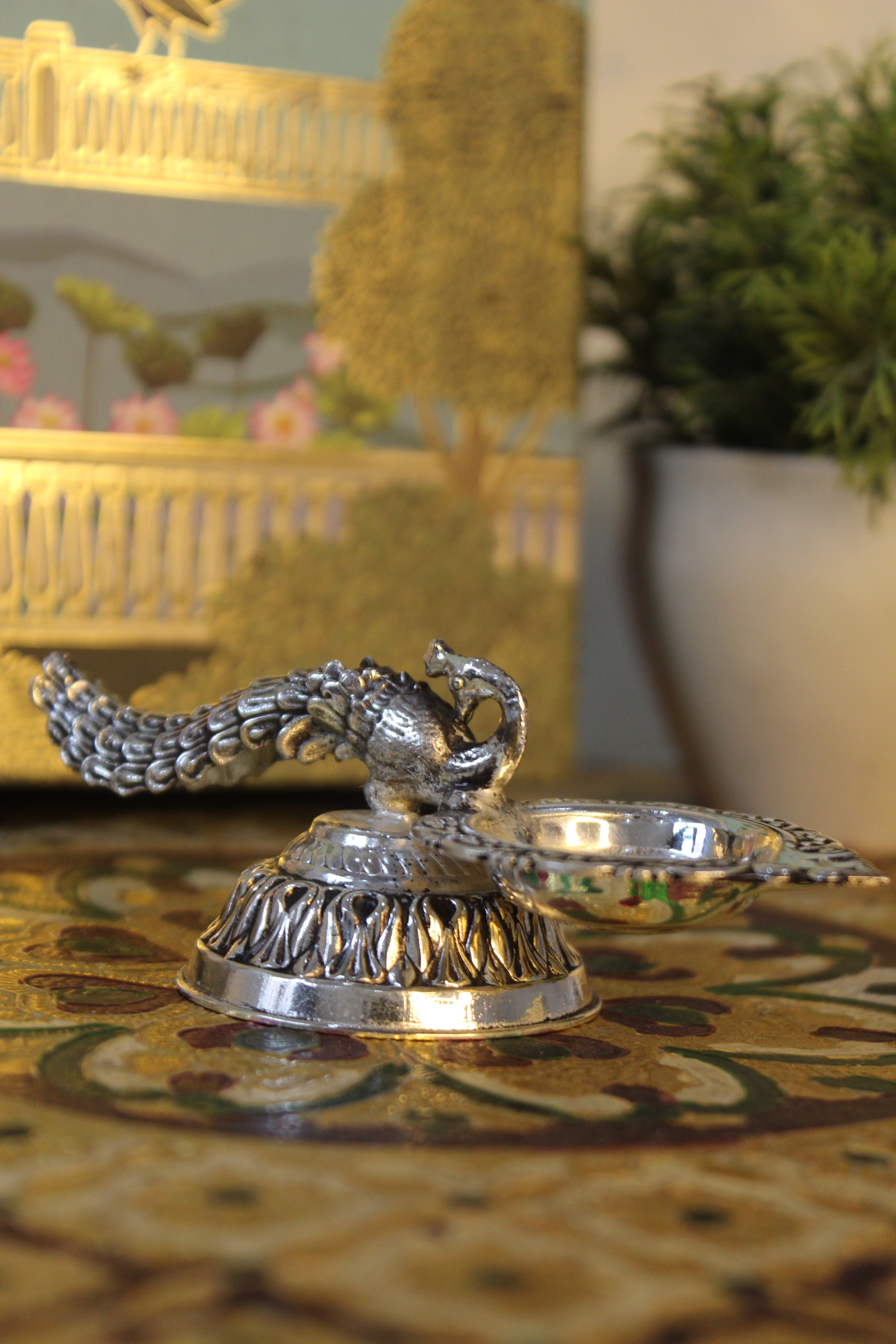 999 Silver Polish Brass Peacock Tail Diya | Side-Bowl Decorative Oil Lamp