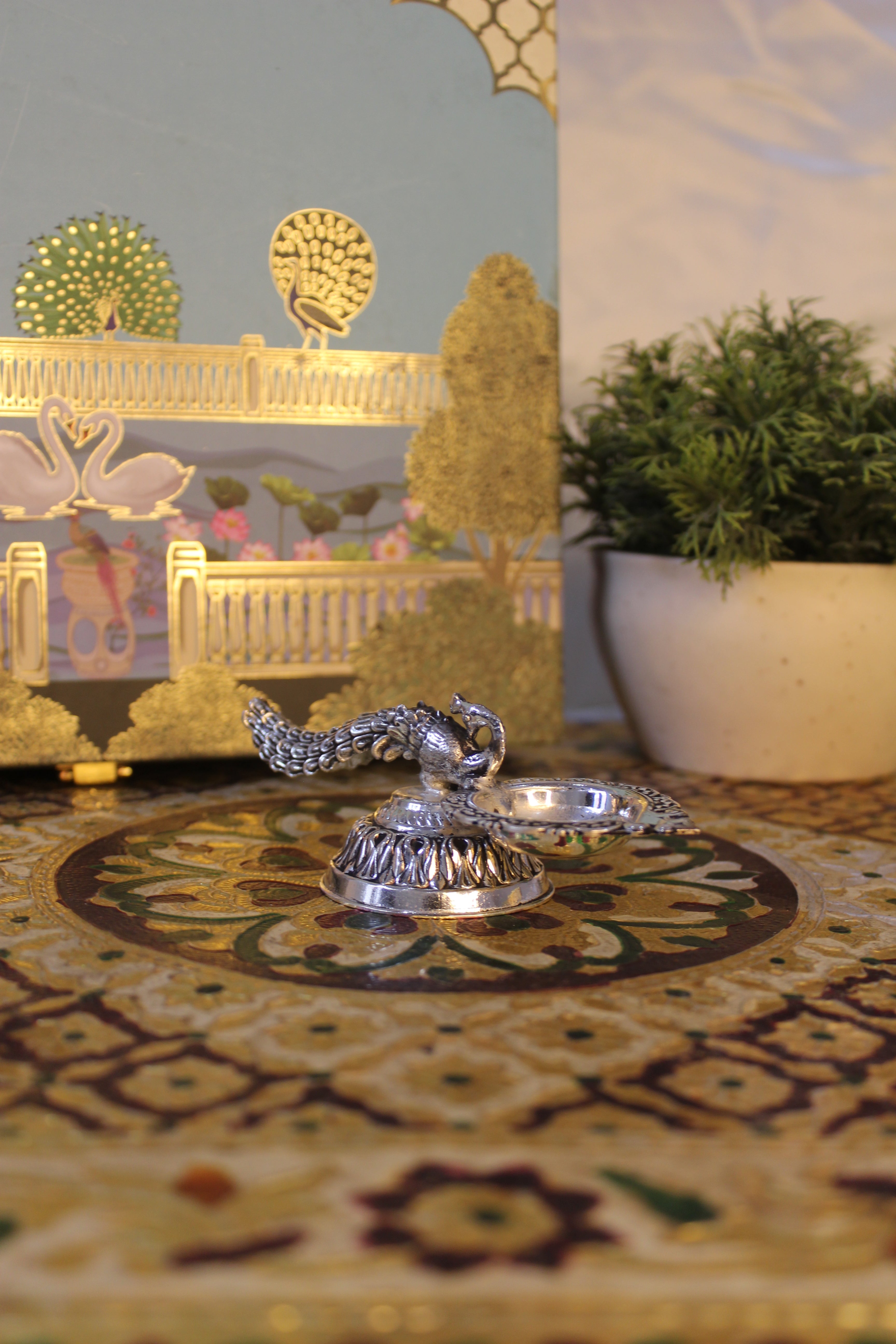 999 Silver Polish Brass Peacock Tail Diya | Side-Bowl Decorative Oil Lamp