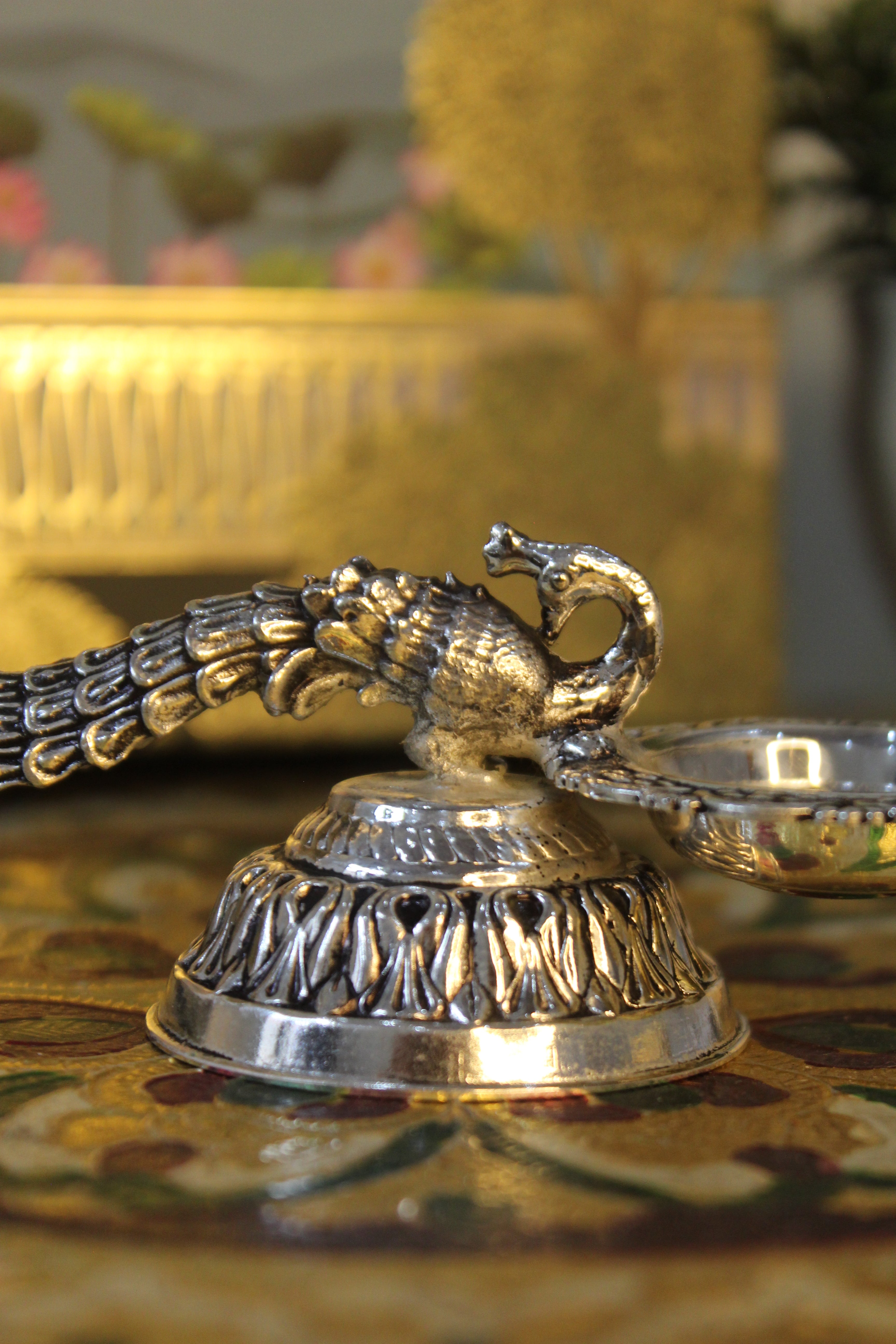 999 Silver Polish Brass Peacock Tail Diya | Side-Bowl Decorative Oil Lamp