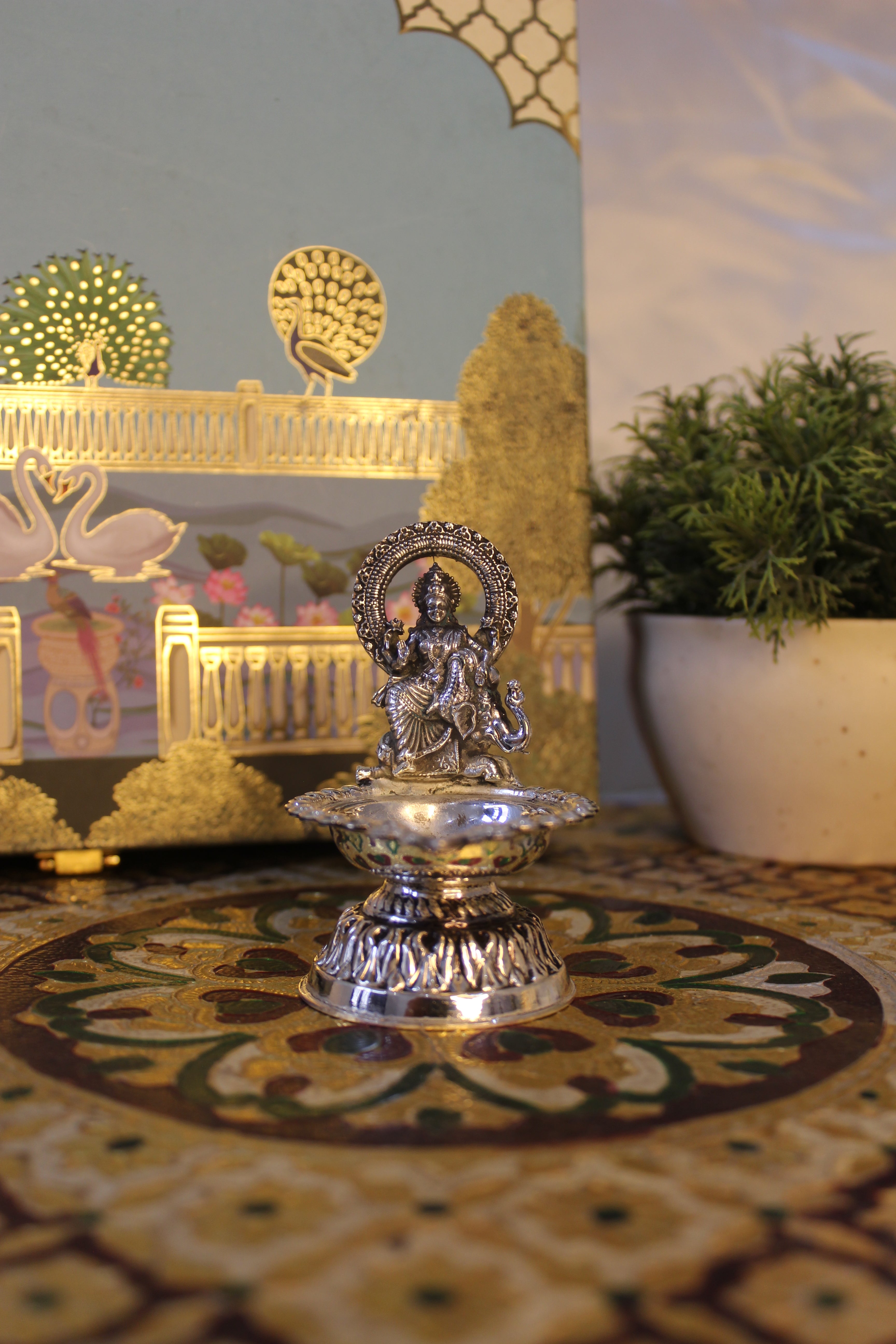 999 Silver Plated Brass Lakshmi on Elephant Diya | Auspicious