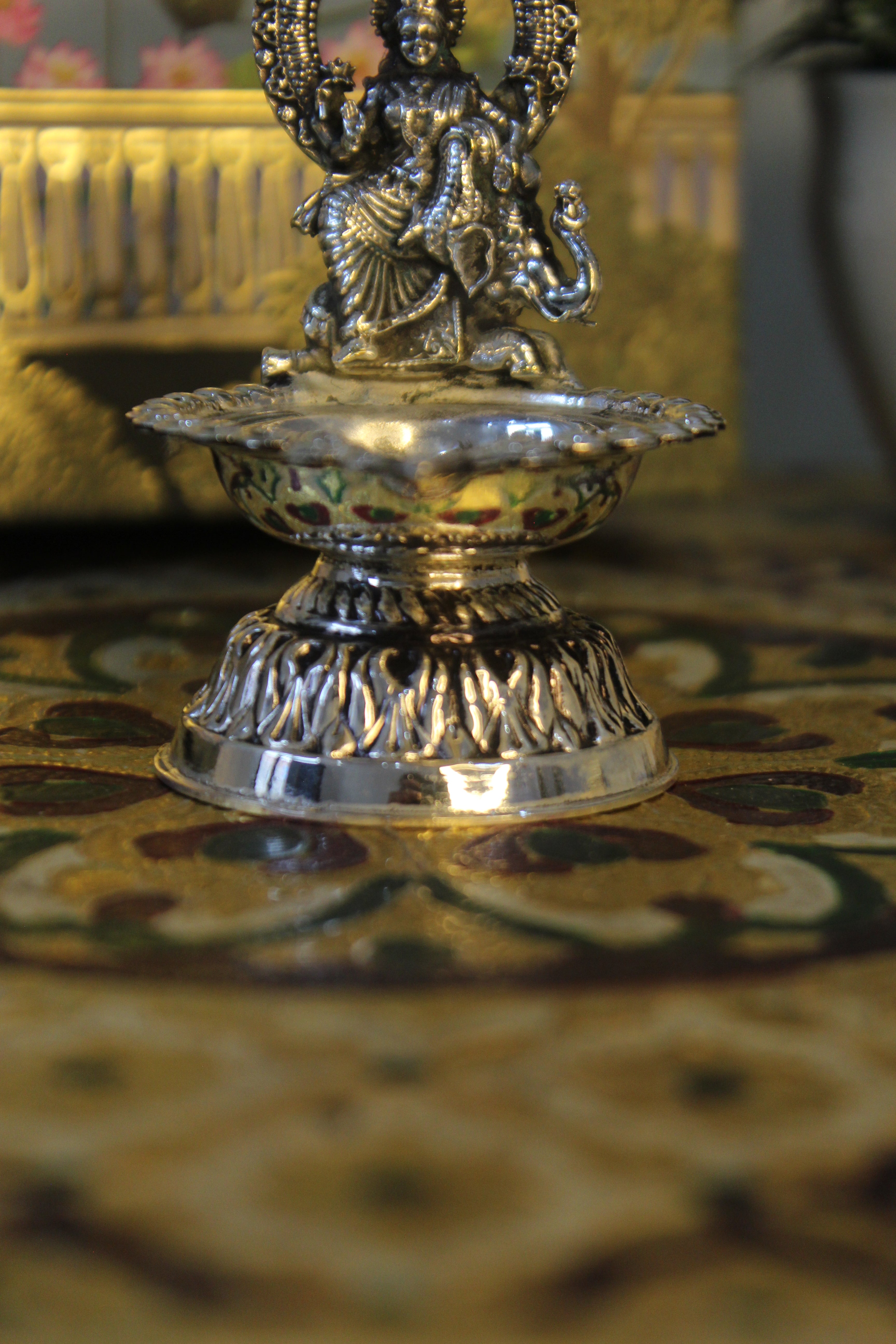 999 Silver Plated Brass Lakshmi on Elephant Diya | Auspicious