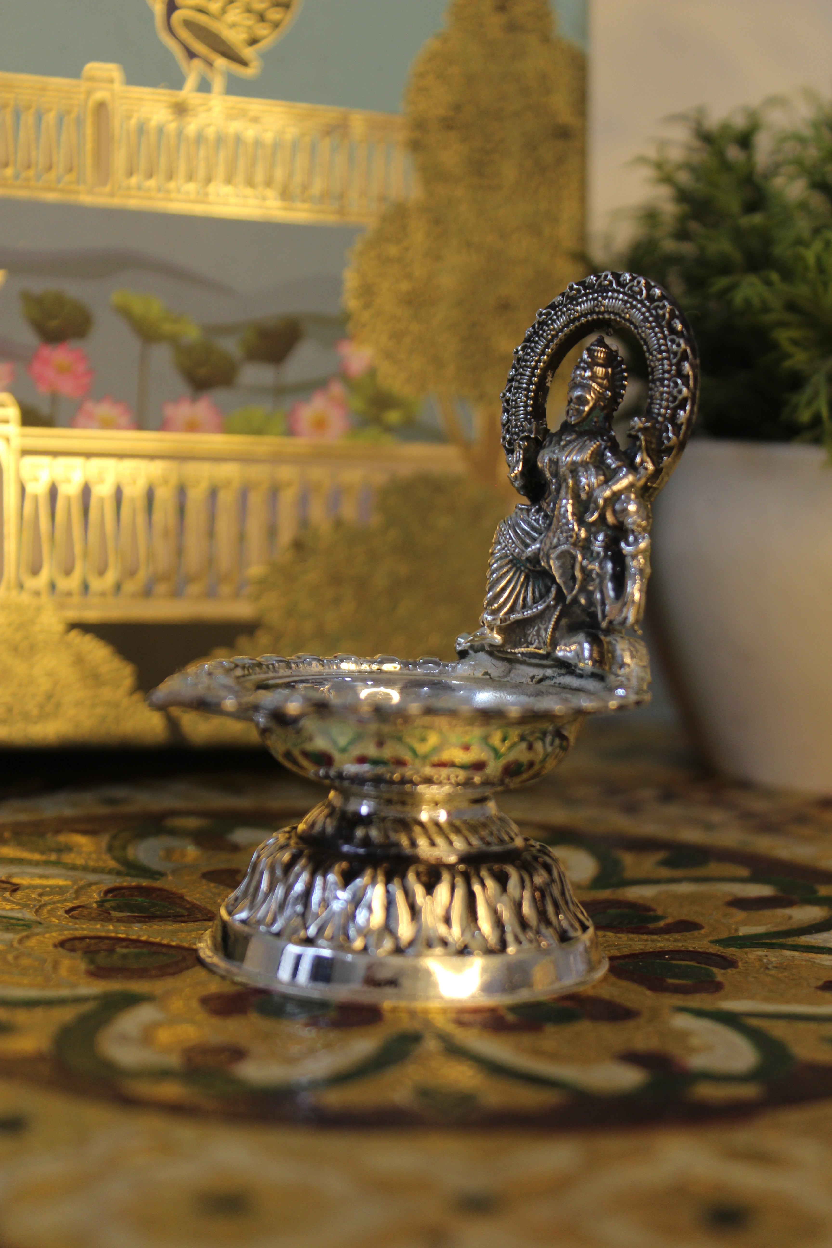 999 Silver Plated Brass Lakshmi on Elephant Diya | Auspicious