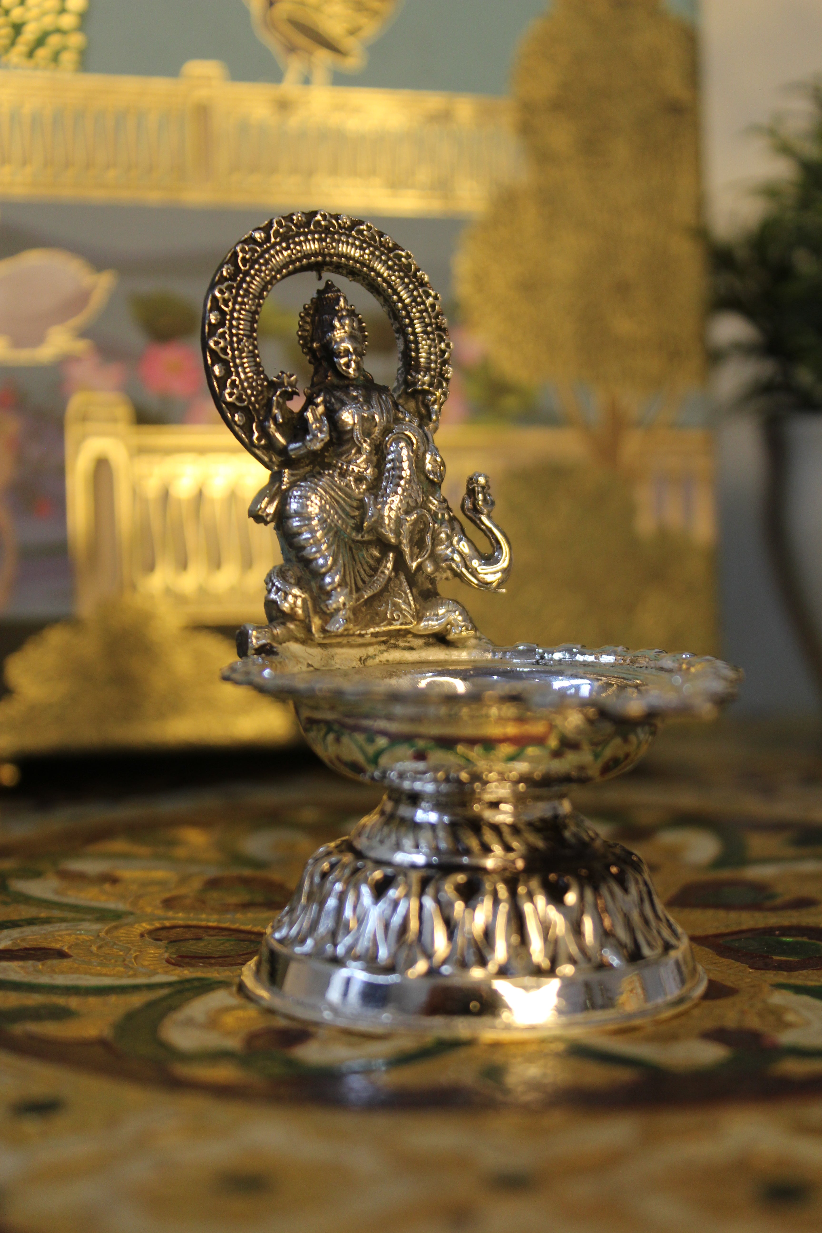 999 Silver Plated Brass Lakshmi on Elephant Diya | Auspicious