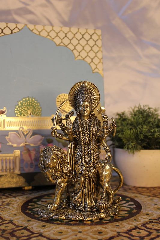 Brass Goddess Durga Standing with Lion | Mahishasur Mardini Idol