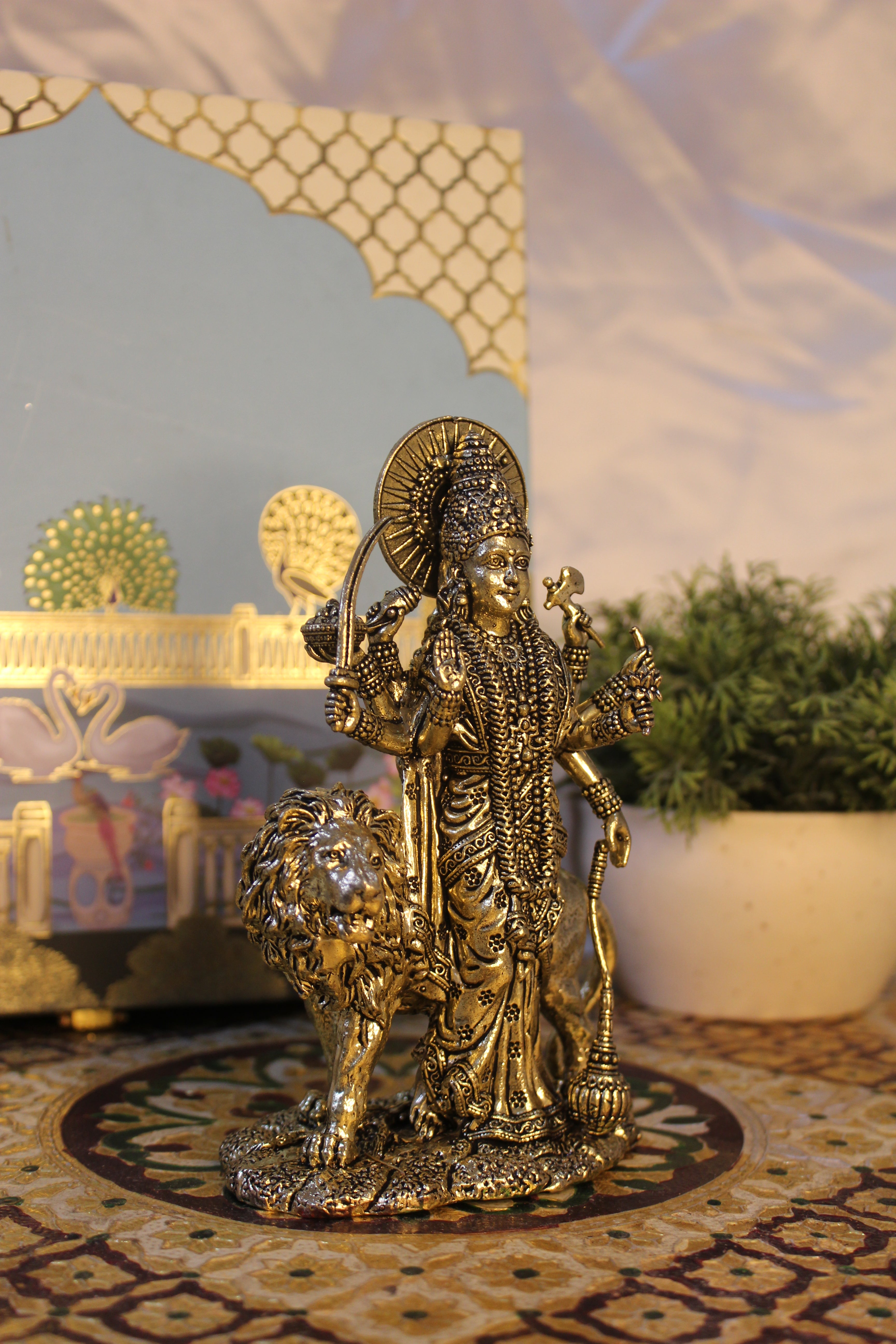 Brass Goddess Durga Standing with Lion | Mahishasur Mardini Idol