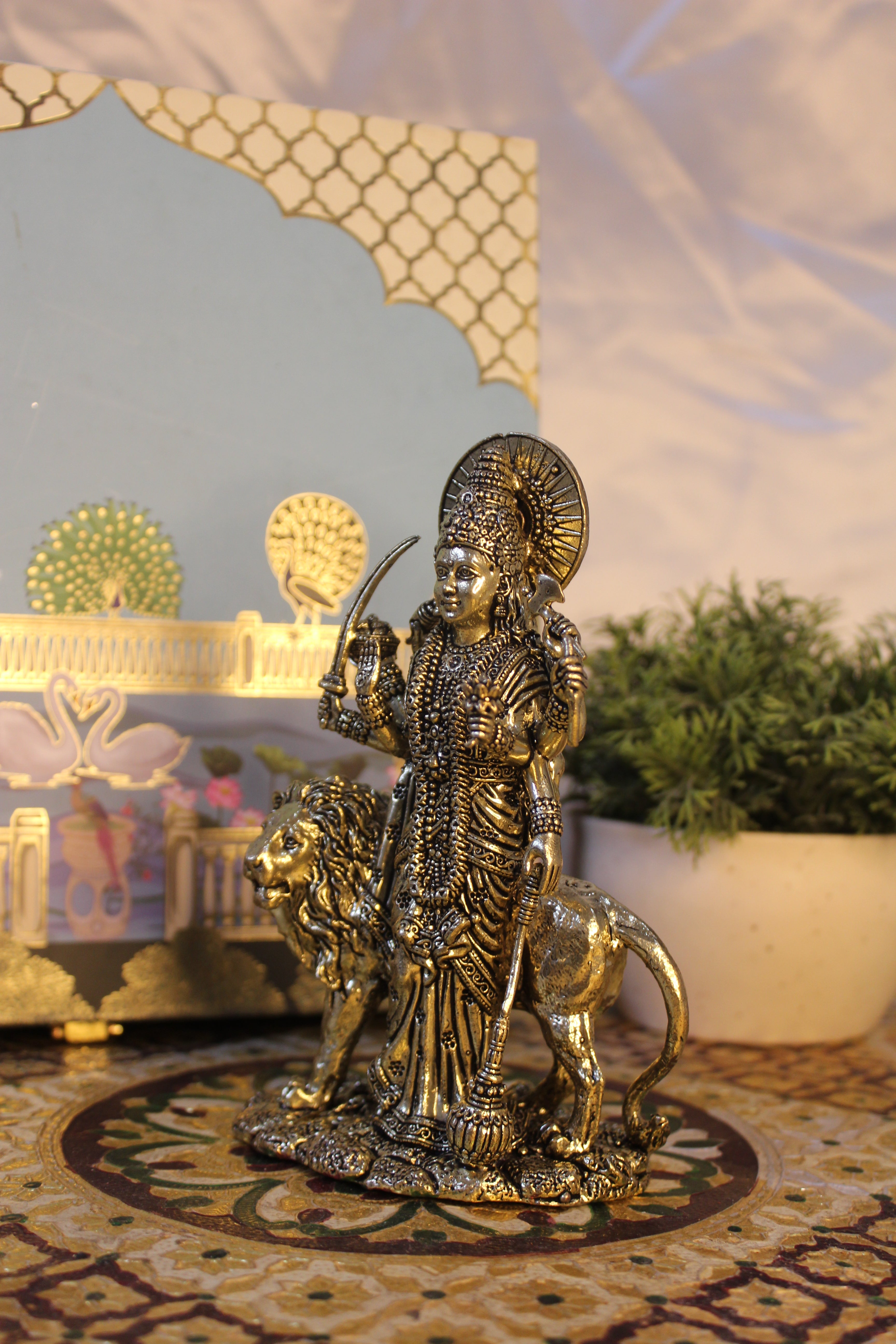 Brass Goddess Durga Standing with Lion | Mahishasur Mardini Idol