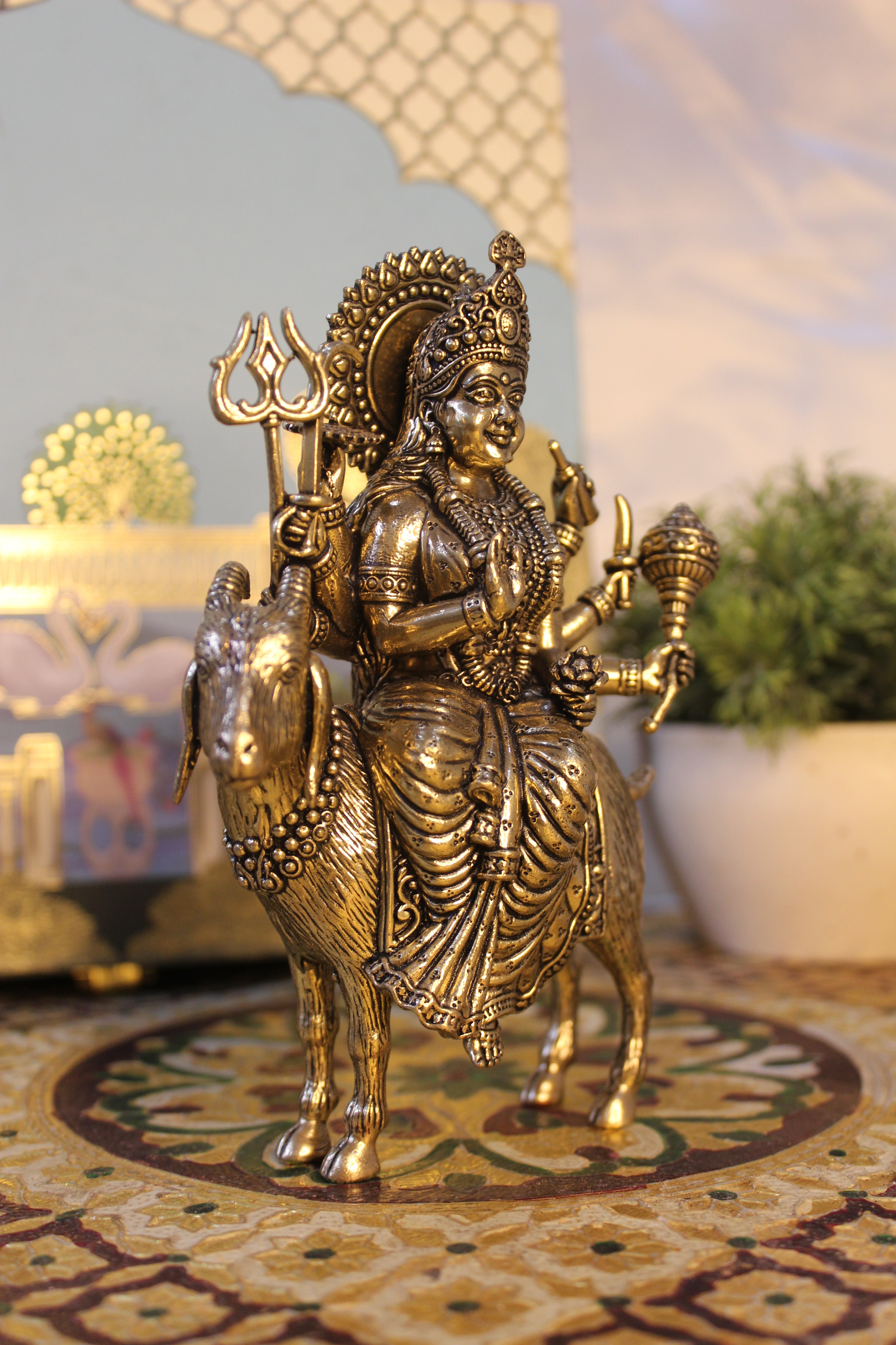 Brass Meldi Mata on Goat Idol – 6 Inch | Divine Protective Folk Goddess Sculpture