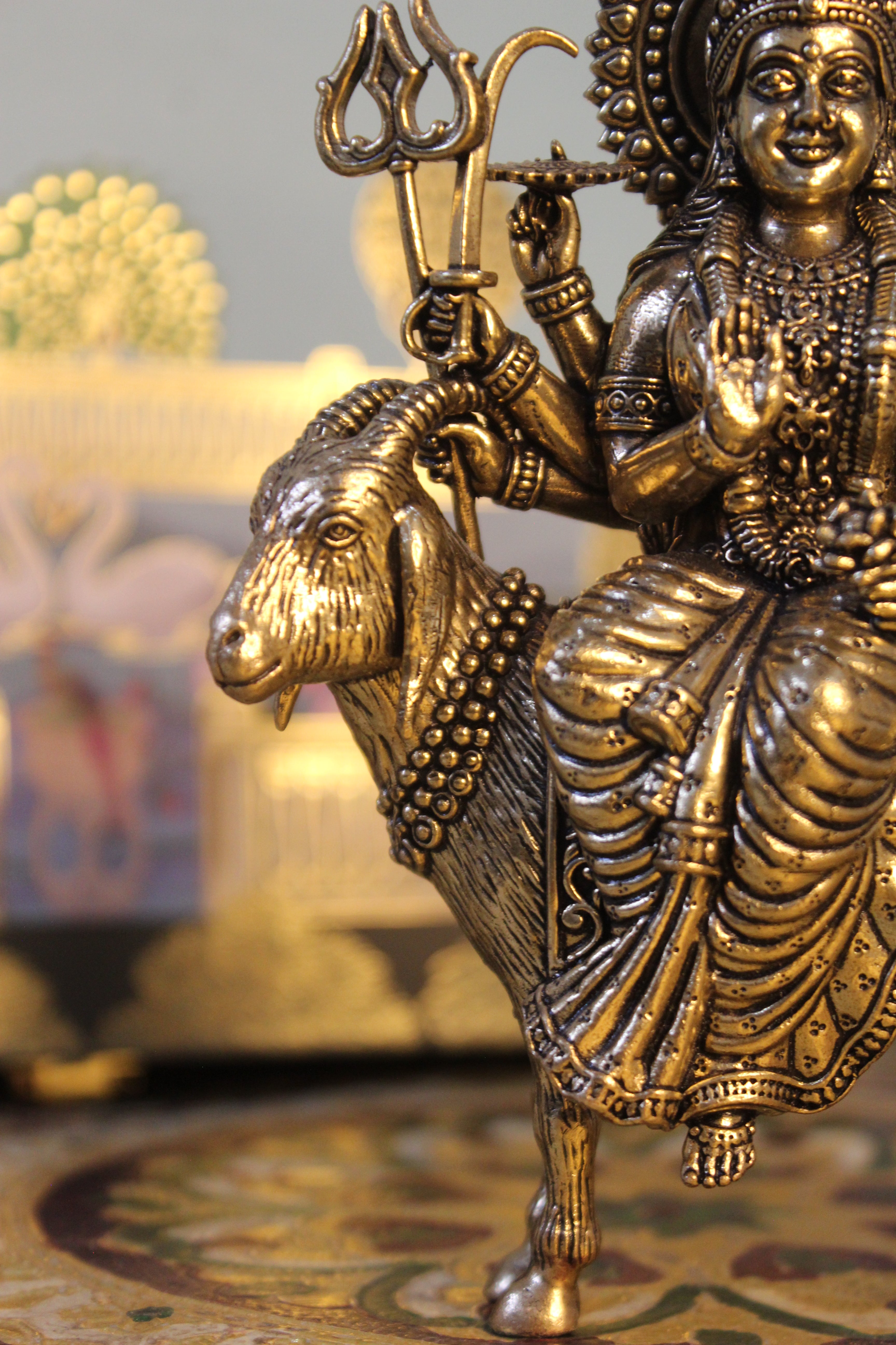 Brass Meldi Mata on Goat Idol – 6 Inch | Divine Protective Folk Goddess Sculpture