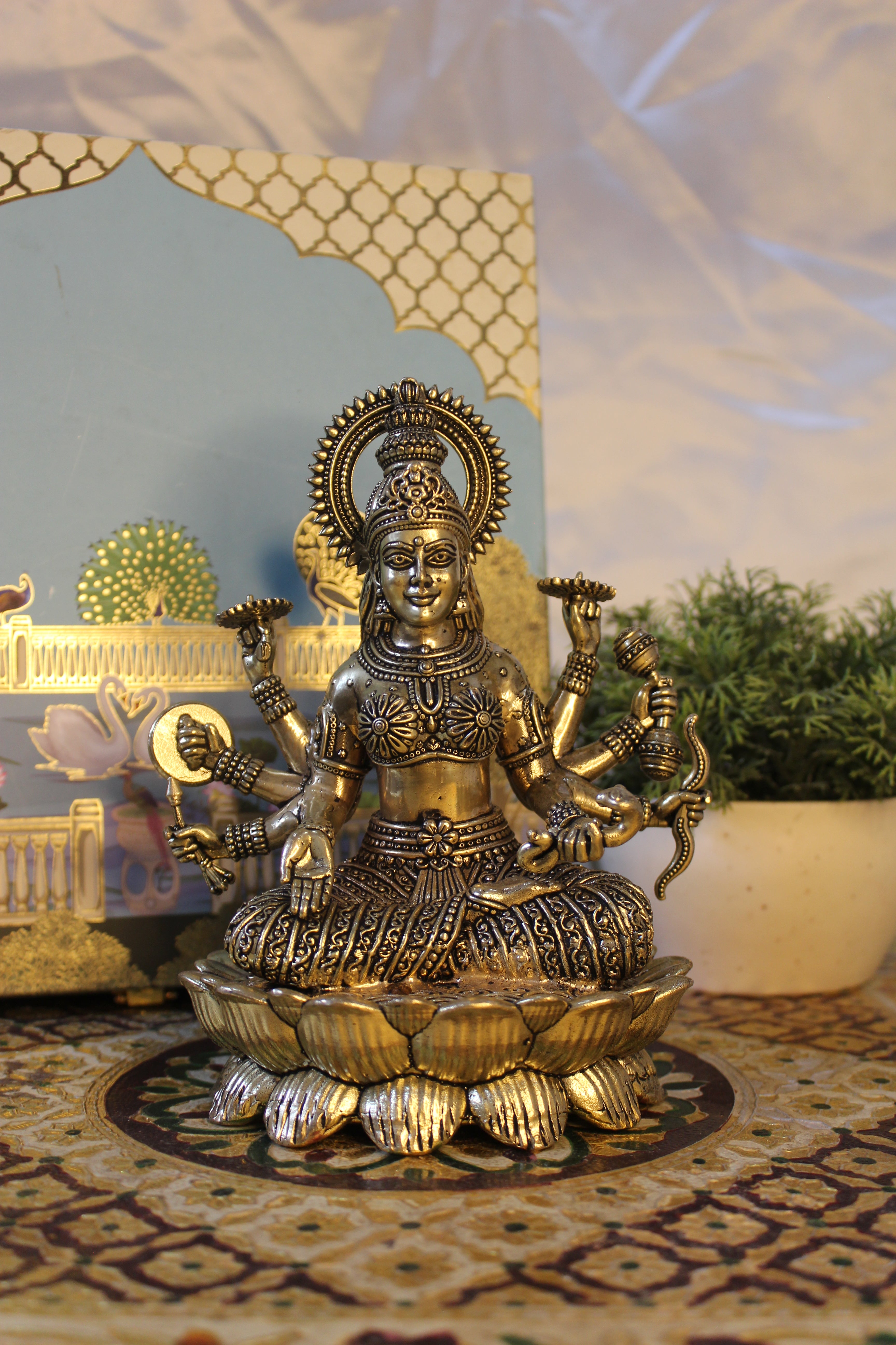 Brass Goddess Lakshmi on Lotus | Ashtabhuja Devi Idol – 6.75 Inch | Eight-Armed Divine Sculpture of Abundance