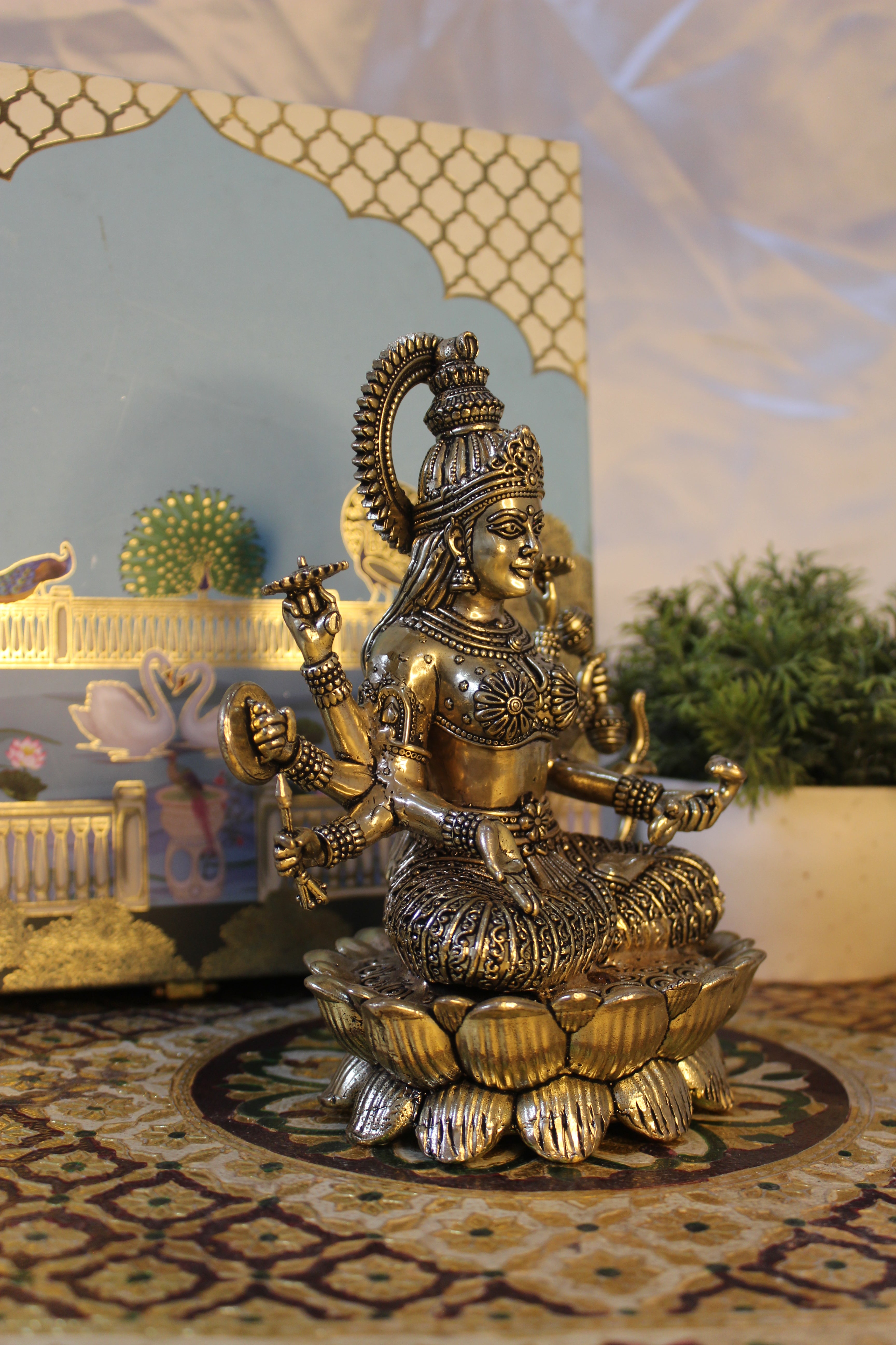 Brass Goddess Lakshmi on Lotus | Ashtabhuja Devi Idol – 6.75 Inch | Eight-Armed Divine Sculpture of Abundance