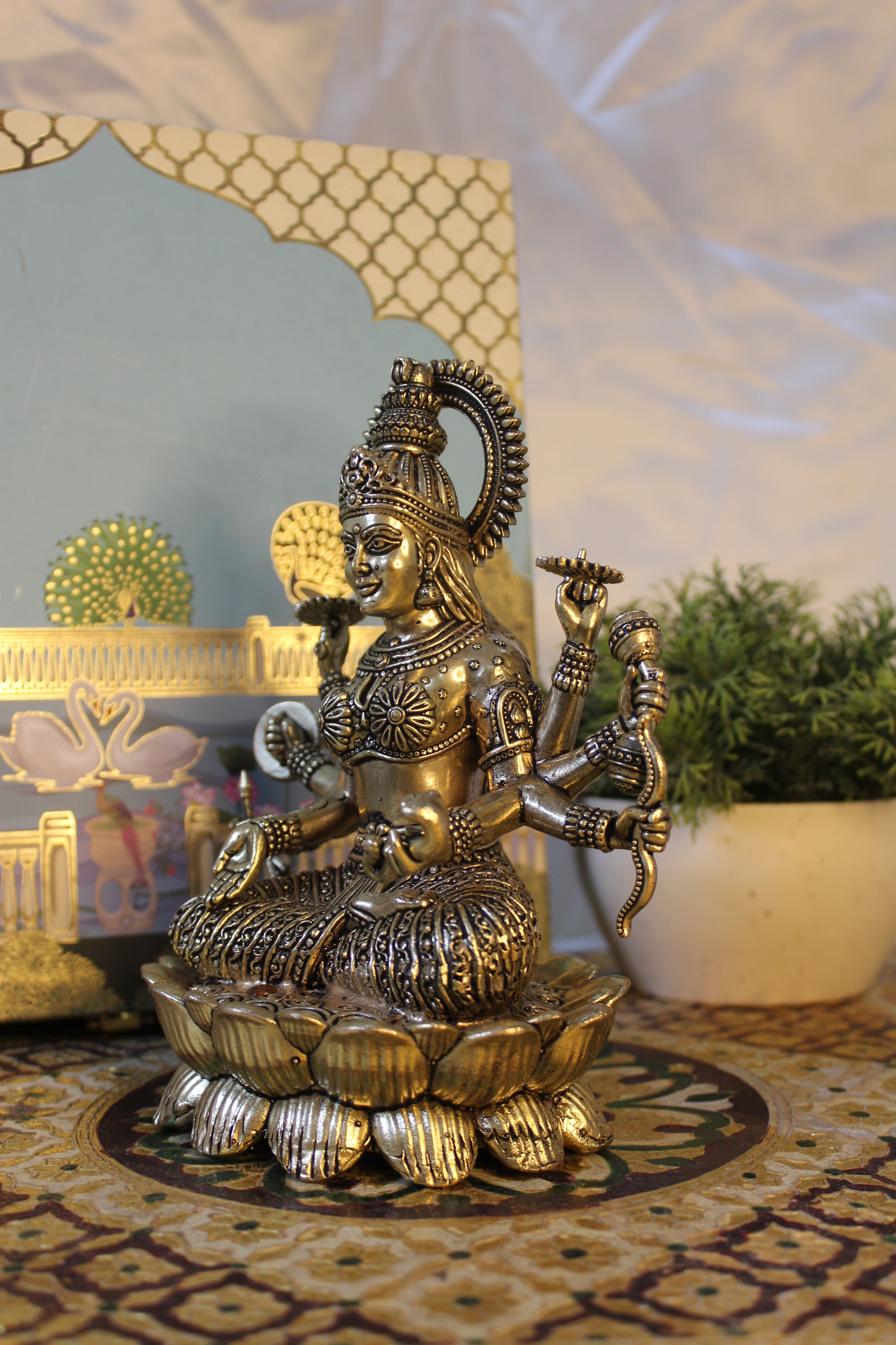 Brass Goddess Lakshmi on Lotus | Ashtabhuja Devi Idol – 6.75 Inch | Eight-Armed Divine Sculpture of Abundance