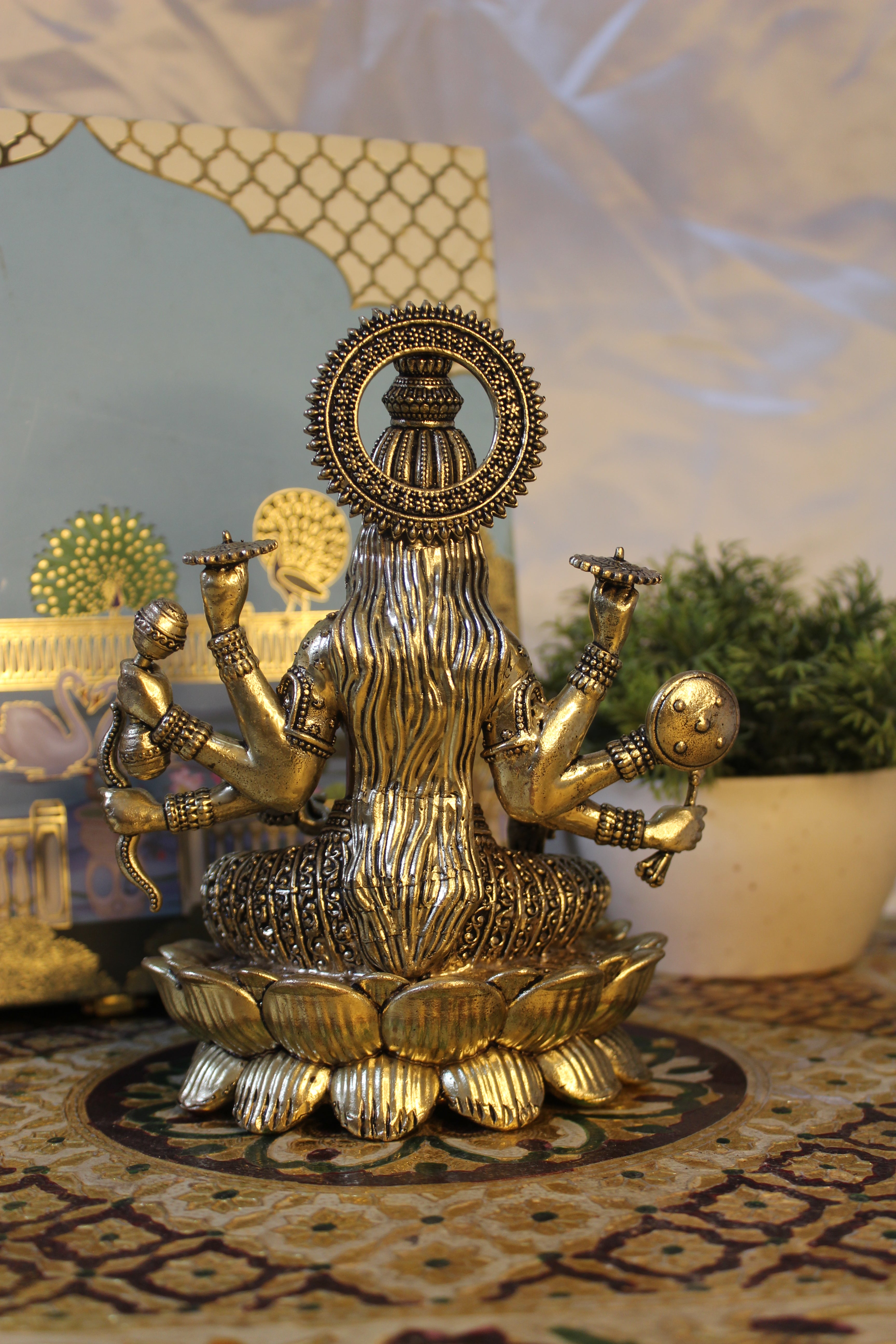 Brass Goddess Lakshmi on Lotus | Ashtabhuja Devi Idol – 6.75 Inch | Eight-Armed Divine Sculpture of Abundance
