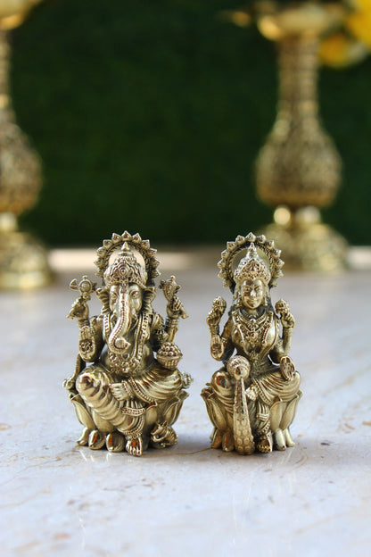 Brass Lakshmi Ganesha Divine Pair Statue (2.5 Inch)