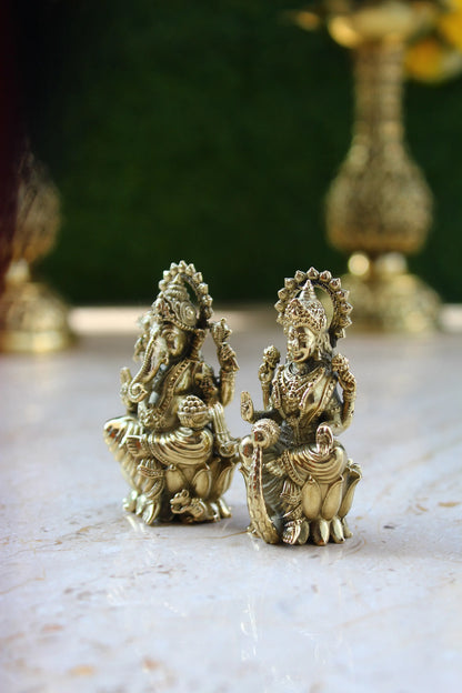 Brass Lakshmi Ganesha Divine Pair Statue (2.5 Inch)