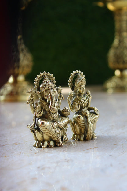 Brass Lakshmi Ganesha Divine Pair Statue (2.5 Inch)