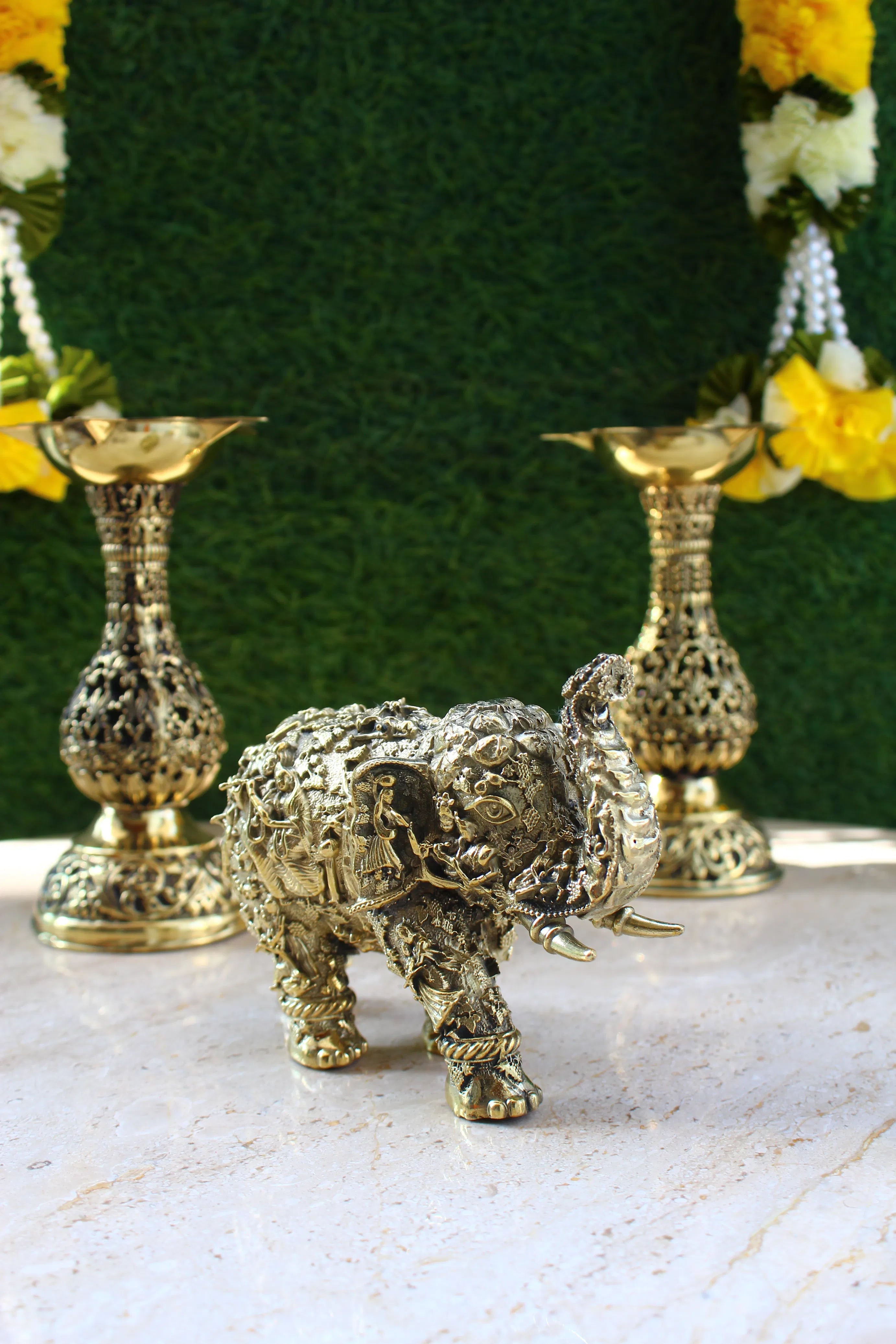 Radha Krishna Brass Elephant Statue | Decorative Hathi with Divine Murals for Puja & Decor