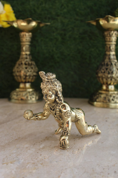 Brass Laddu Gopal Idol | Divine Bal Krishna Murti for Home Mandir & Janmashtami