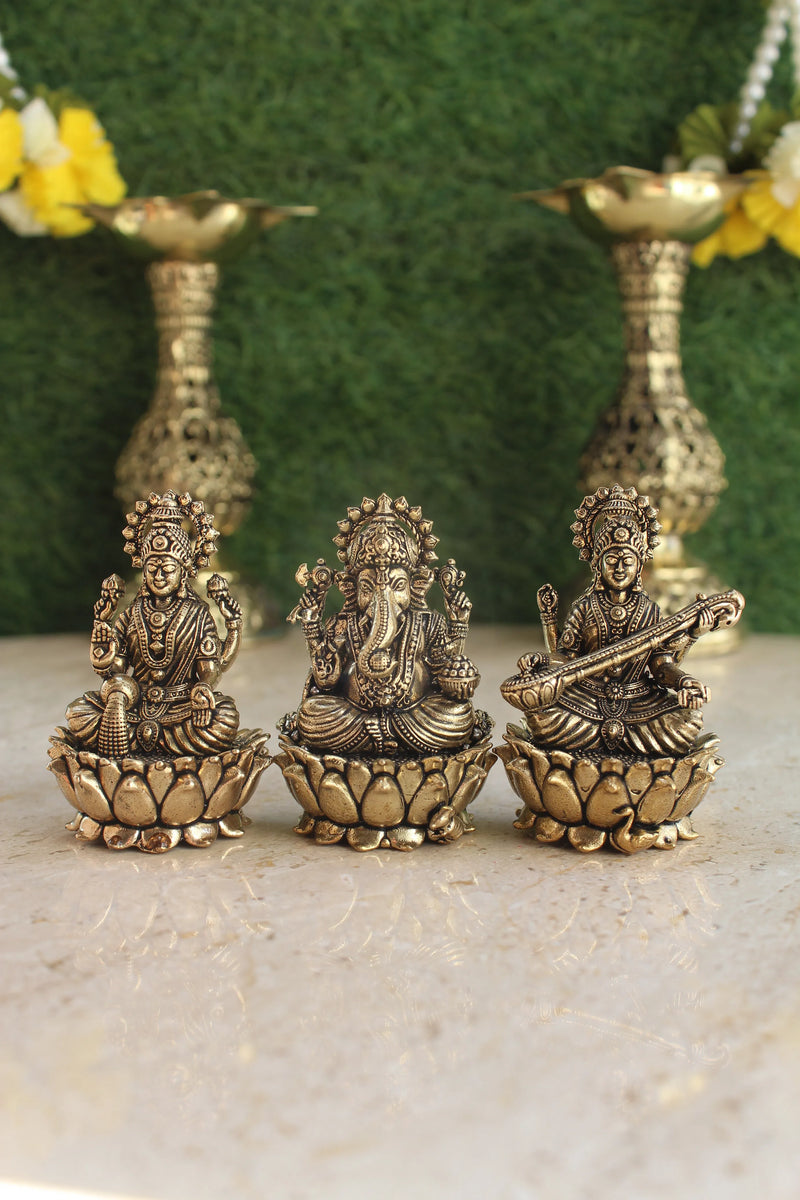 Brass Divine Trio Lakshmi Ganesha Saraswati Statue (2.5")