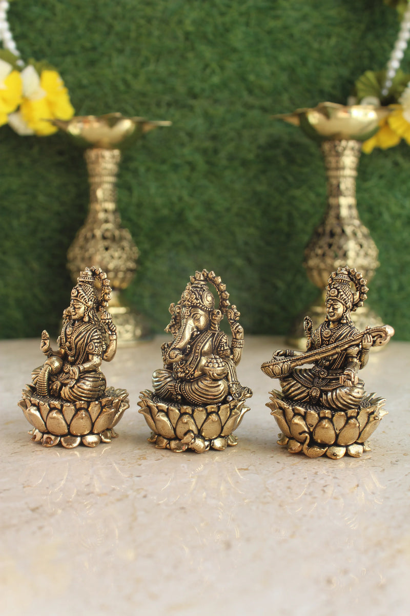 Brass Divine Trio Lakshmi Ganesha Saraswati Statue (2.5")