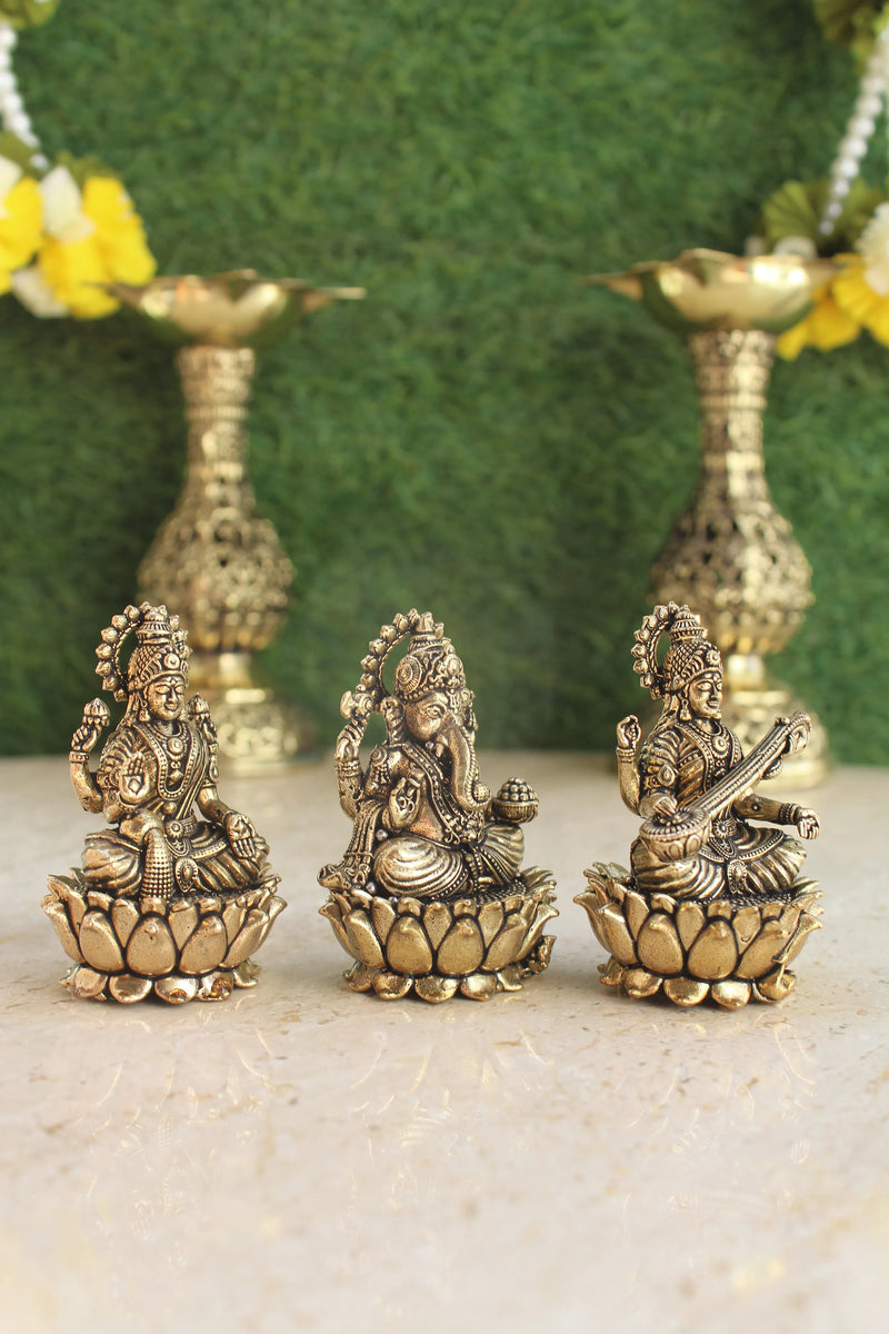 Brass Divine Trio Lakshmi Ganesha Saraswati Statue (2.5")