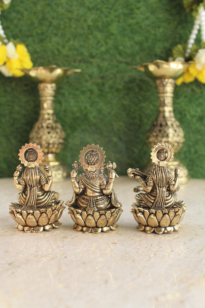 Laxmi Ganesh Saraswati Brass Idol Set 2.5" Divine Trio for Puja & Home Decor
