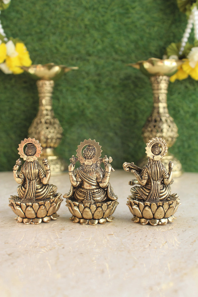 Brass Divine Trio Lakshmi Ganesha Saraswati Statue (2.5")