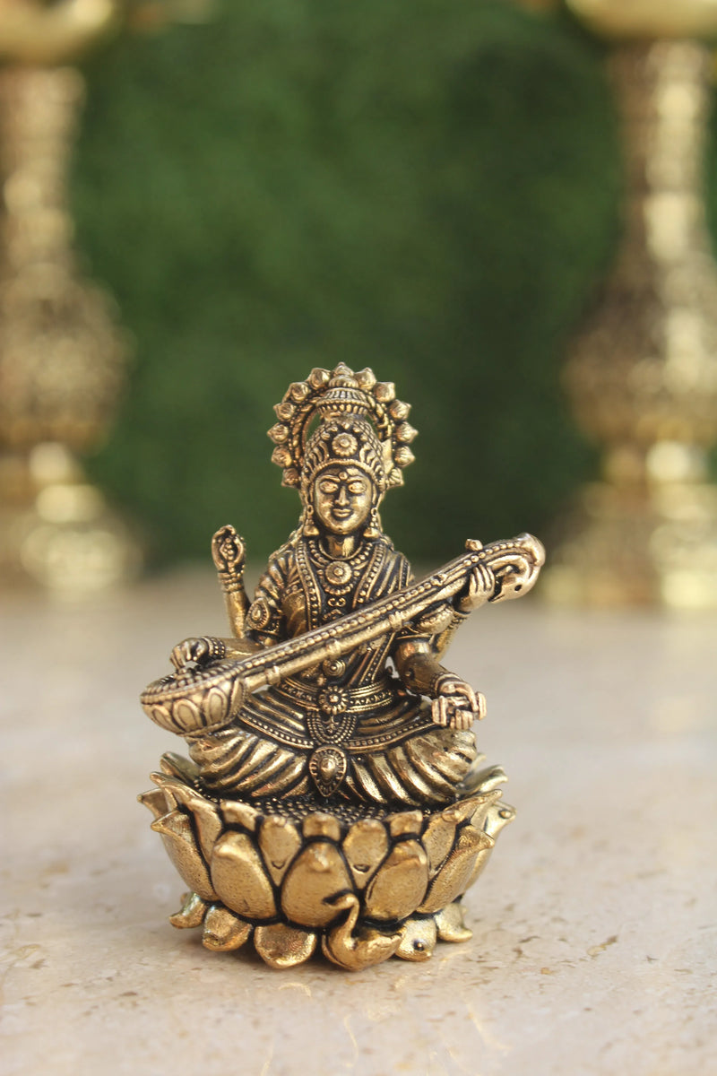 Brass Divine Trio Lakshmi Ganesha Saraswati Statue (2.5")
