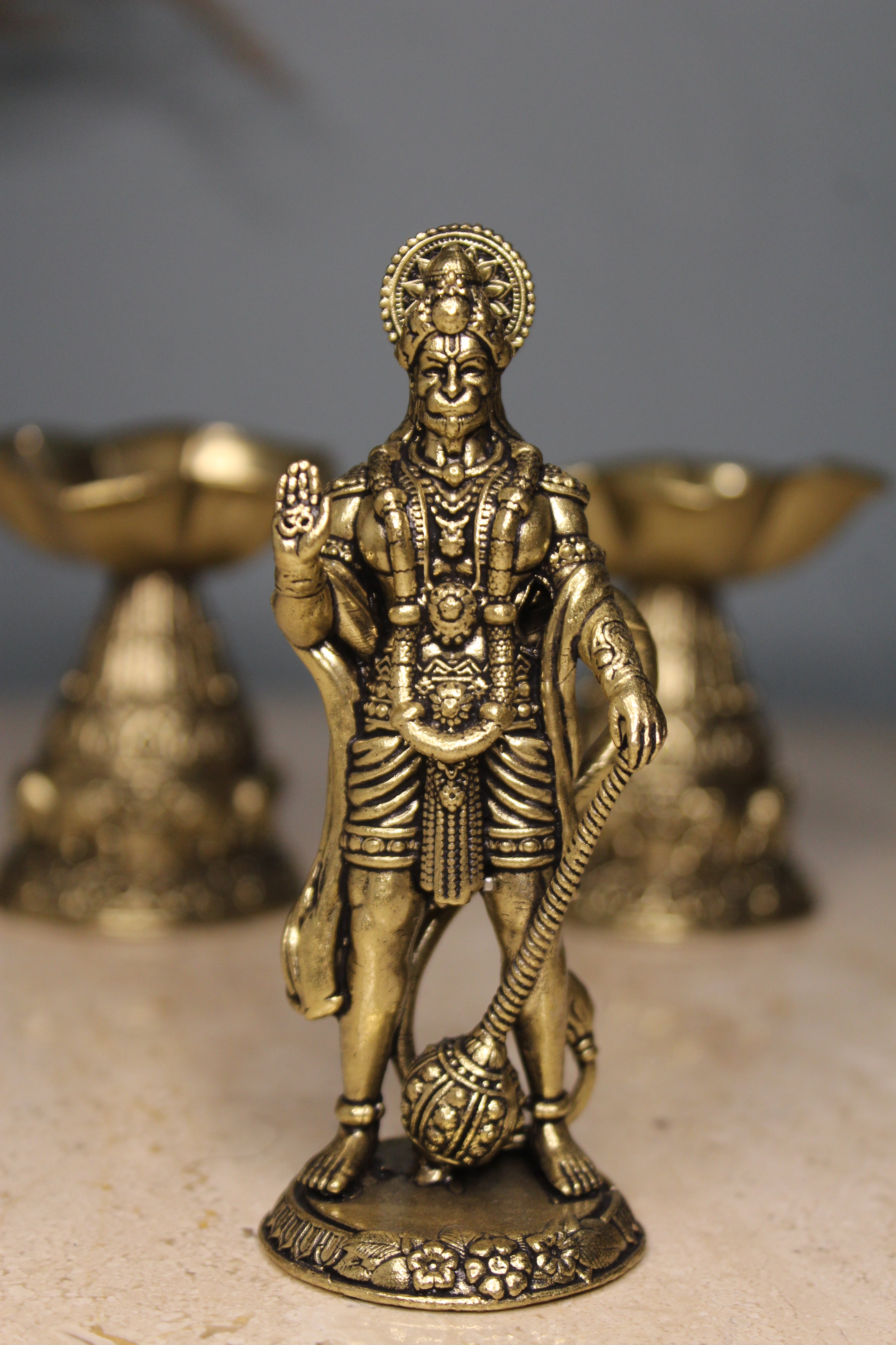 Brass Hanuman Standing Idol | Ashirwad Pose Bajrang Bali Statue for Home Mandir & Puja Room ( 4 inch )