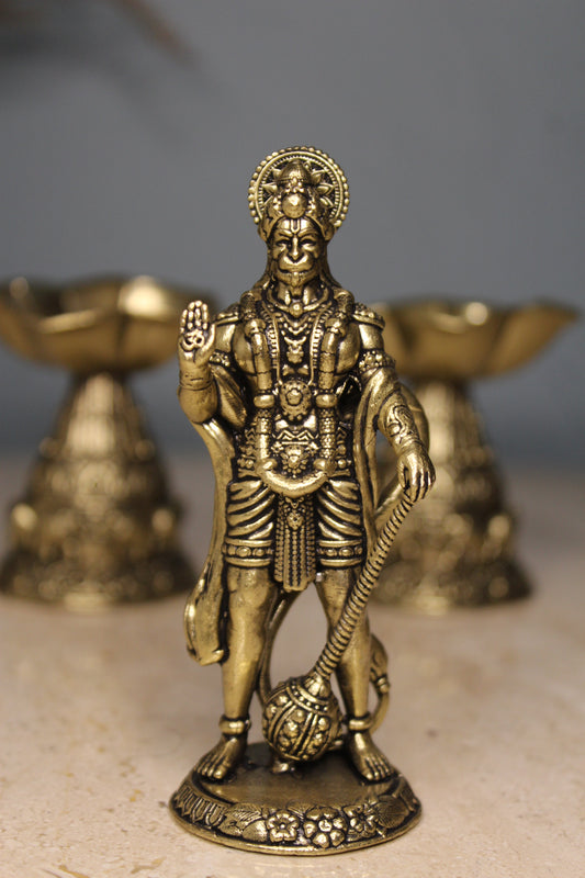 Brass Hanuman Standing Idol | Ashirwad Pose Bajrang Bali Statue for Home Mandir & Puja Room ( 4 inch )