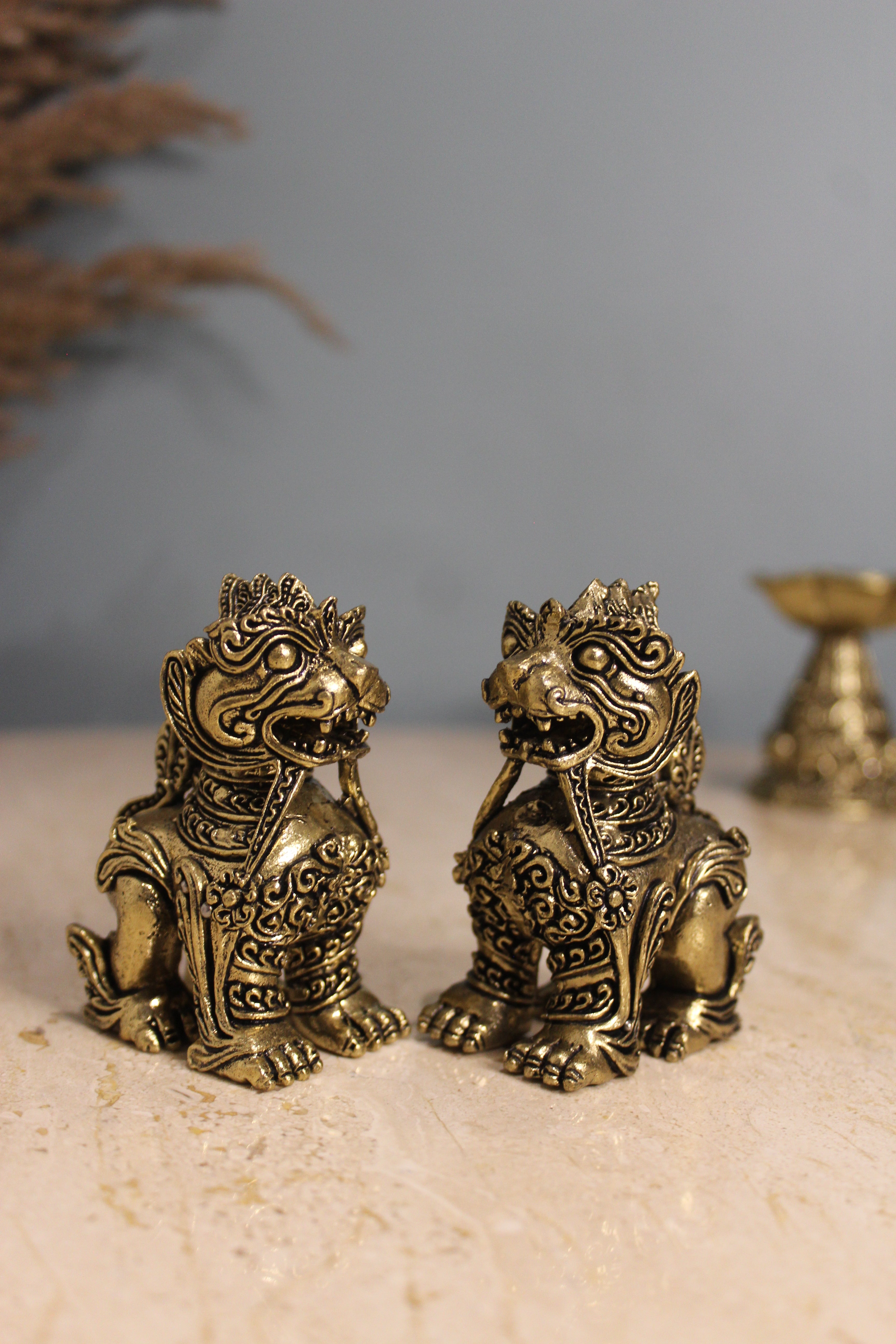 Brass Qilin Statue Pair | Feng Shui Kirin Dragon Horse Figurine for Wealth, Protection & Good Luck ( 3.00 inch )
