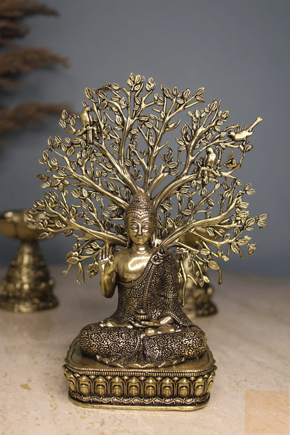 Brass Meditating Buddha Statue under Bodhi Tree (6.5")
