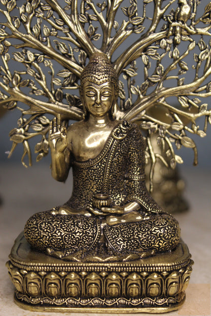 Brass Meditating Buddha Statue under Bodhi Tree (6.5")