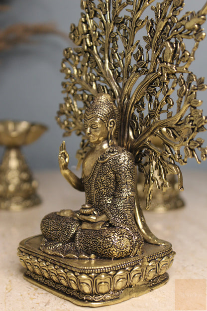Brass Meditating Buddha Statue under Bodhi Tree (6.5")