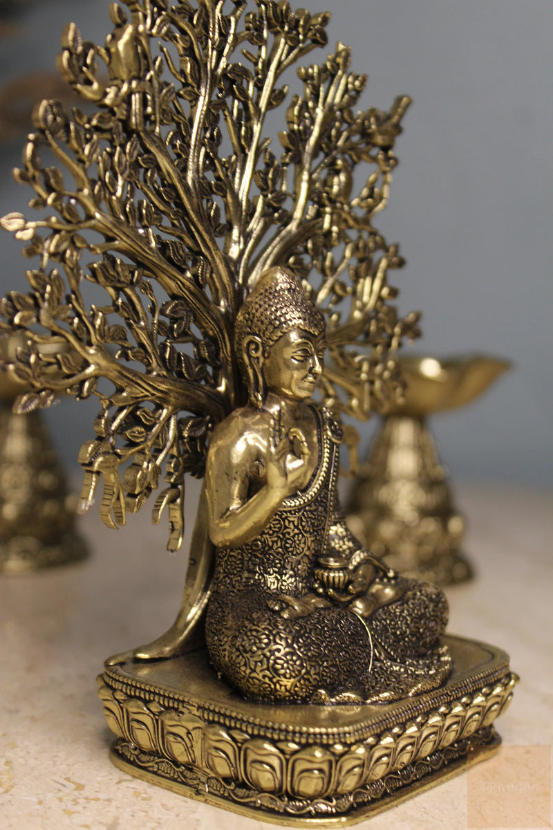 Brass Meditating Buddha Statue under Bodhi Tree (6.5")
