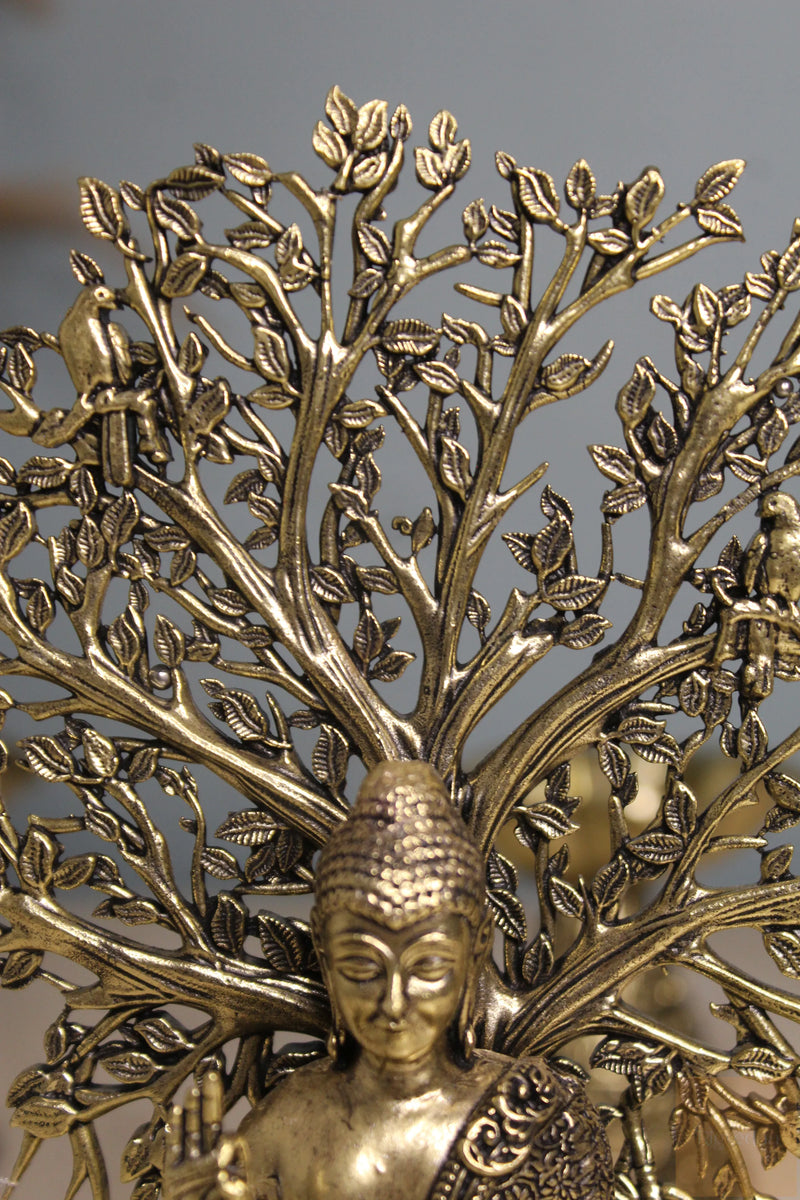 Brass Meditating Buddha Statue under Bodhi Tree (6.5")
