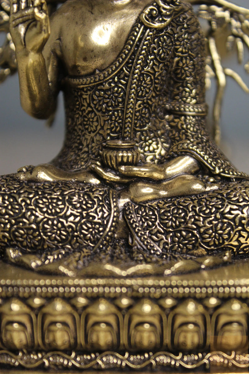 Brass Meditating Buddha Statue under Bodhi Tree (6.5")