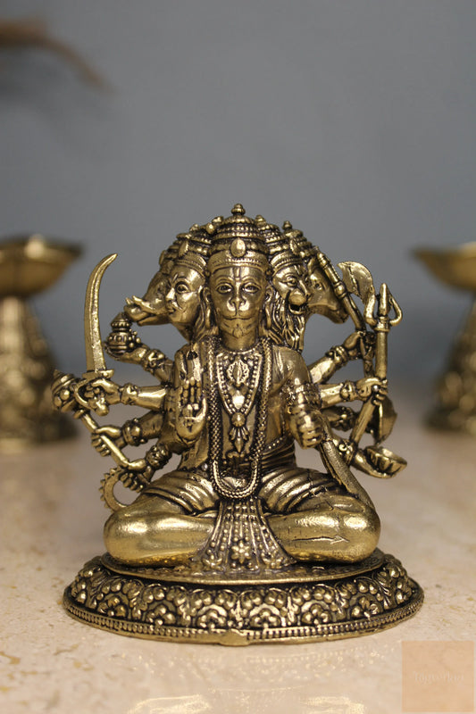 Brass Panchmukhi Balaji Idol | Sitting Panchmukhi Hanuman Statue for Home Mandir, Protection & Divine Blessings