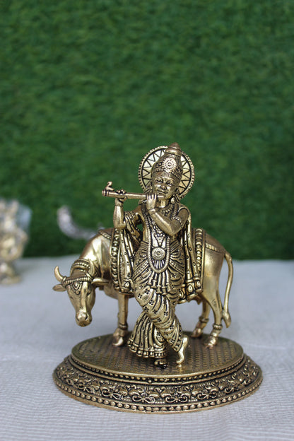 Brass Lord Krishna and Cow Vastu Statue (5 Inch)