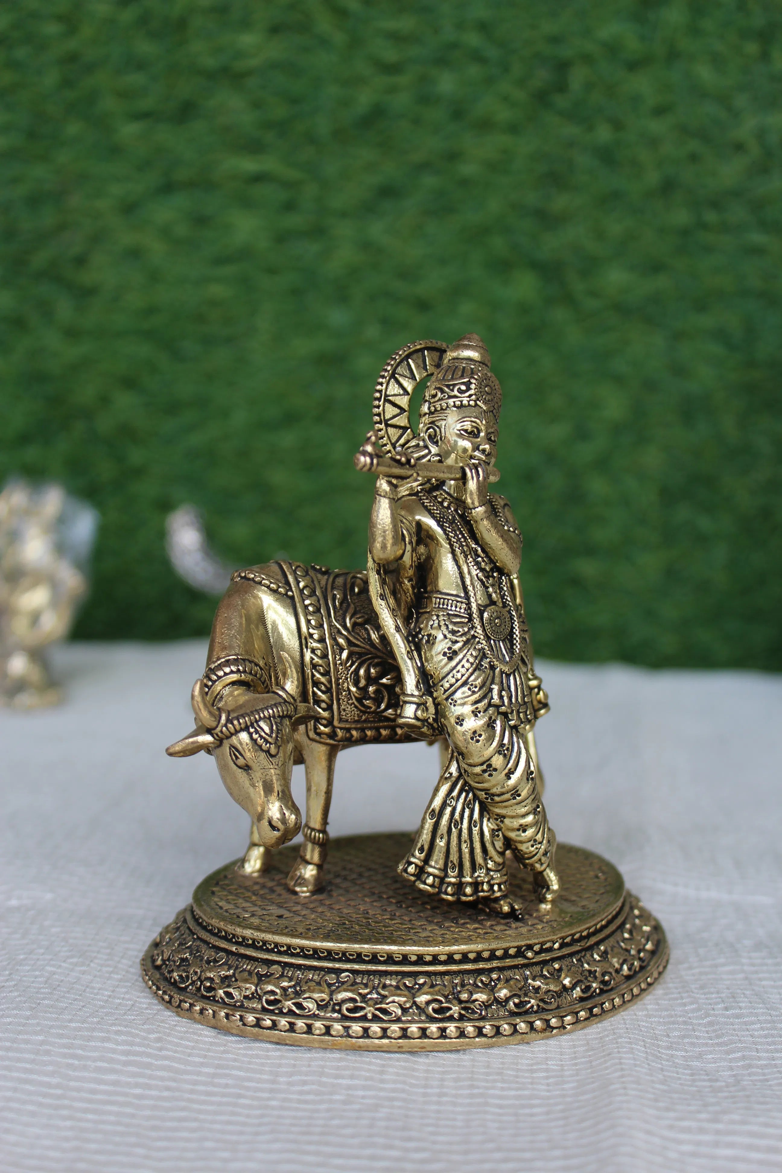 Brass Krishna With Cow Idol | Divine Sculpture Of Lord Krishna & Sacred Cow (5.00 inch)