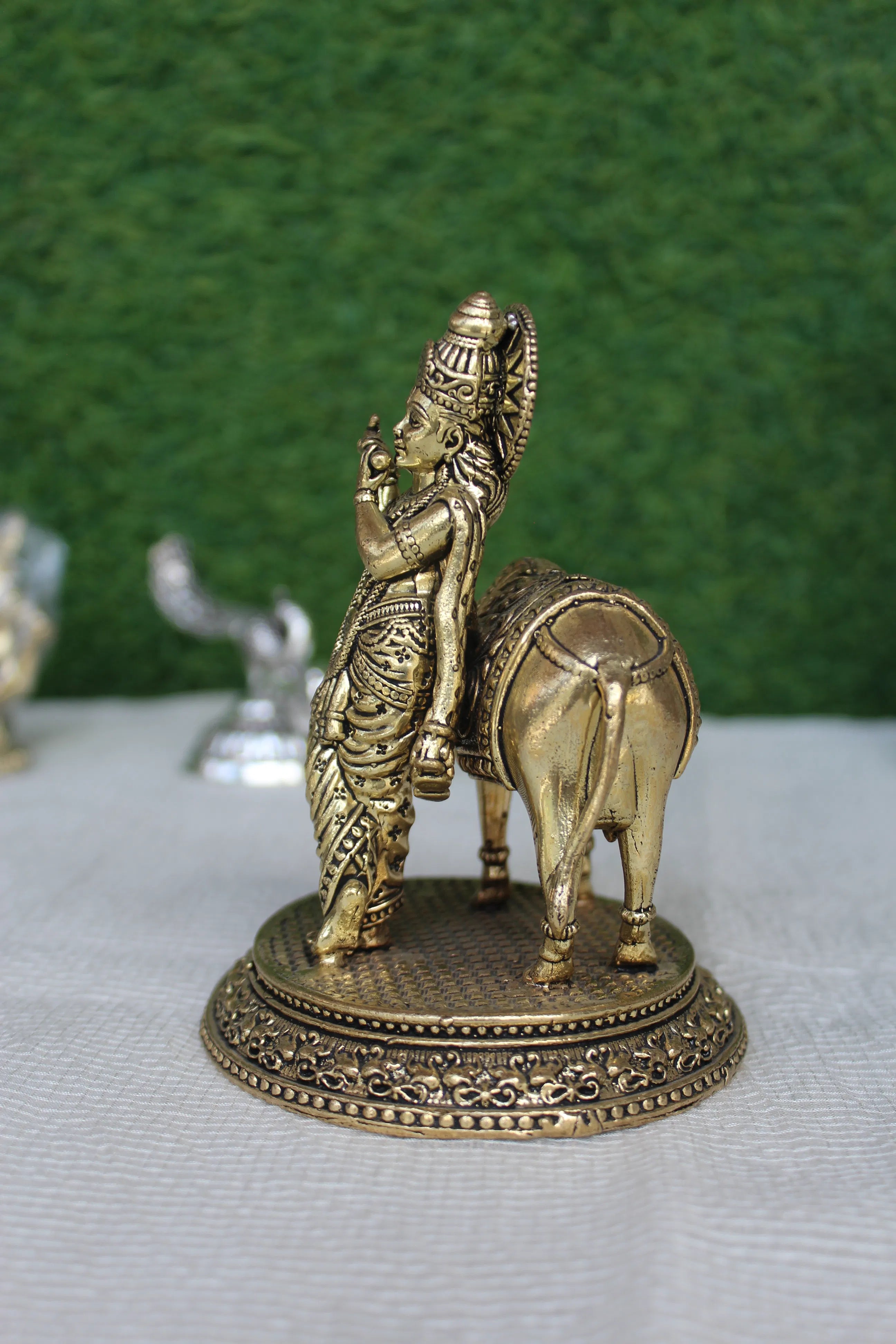 Brass Krishna With Cow Idol | Divine Sculpture Of Lord Krishna & Sacred Cow (5.00 inch)