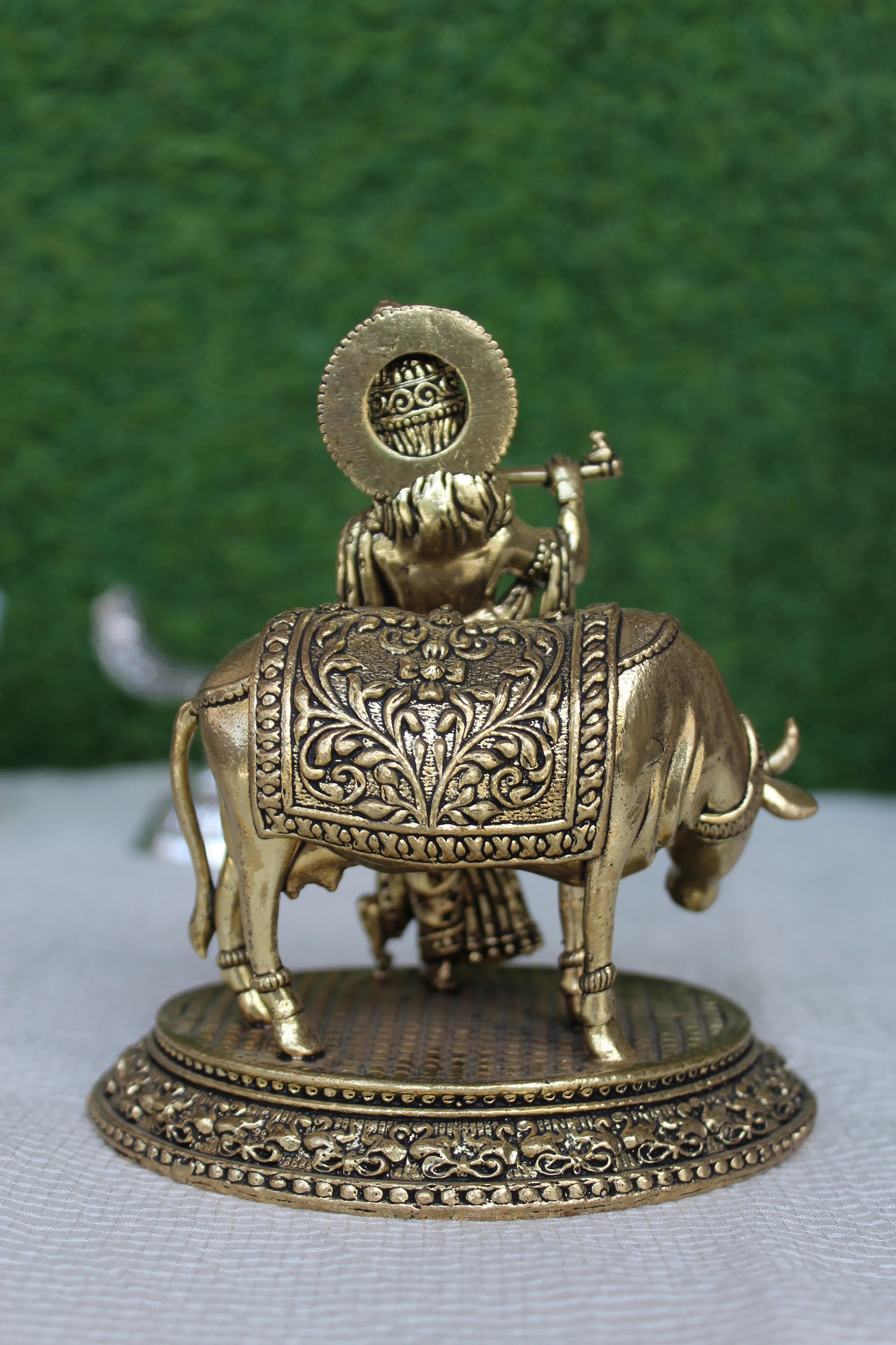 Brass Krishna With Cow Idol | Divine Sculpture Of Lord Krishna & Sacred Cow (5.00 inch)