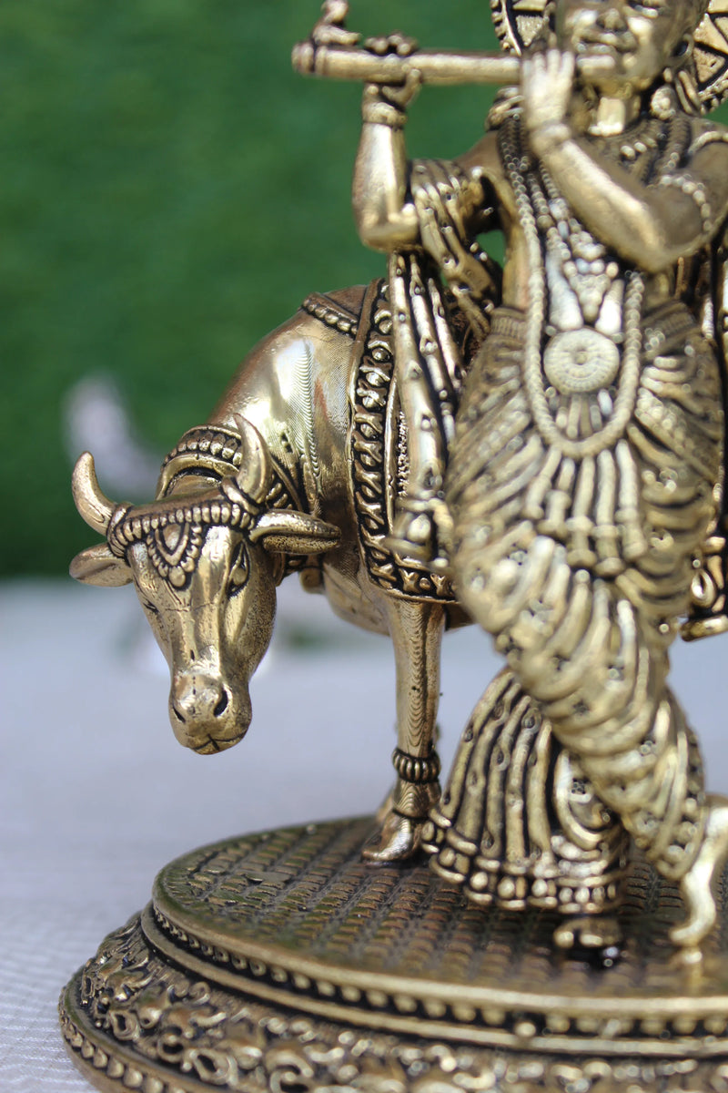 Brass Lord Krishna and Cow Vastu Statue (5 Inch)